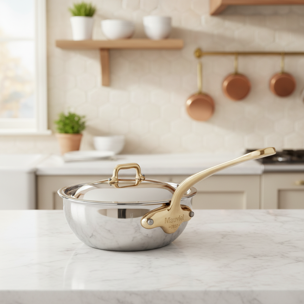 Mauviel M'COOK 5-ply chef pan with brass handle and lid for professional cooking and even heat distribution.