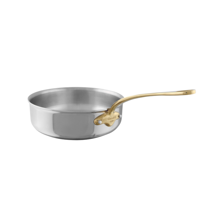 Mauviel M'COOK 5-Ply Saute Pan with brass handle, 6.2-quart, stainless steel cookware for versatile cooking and sautéing.