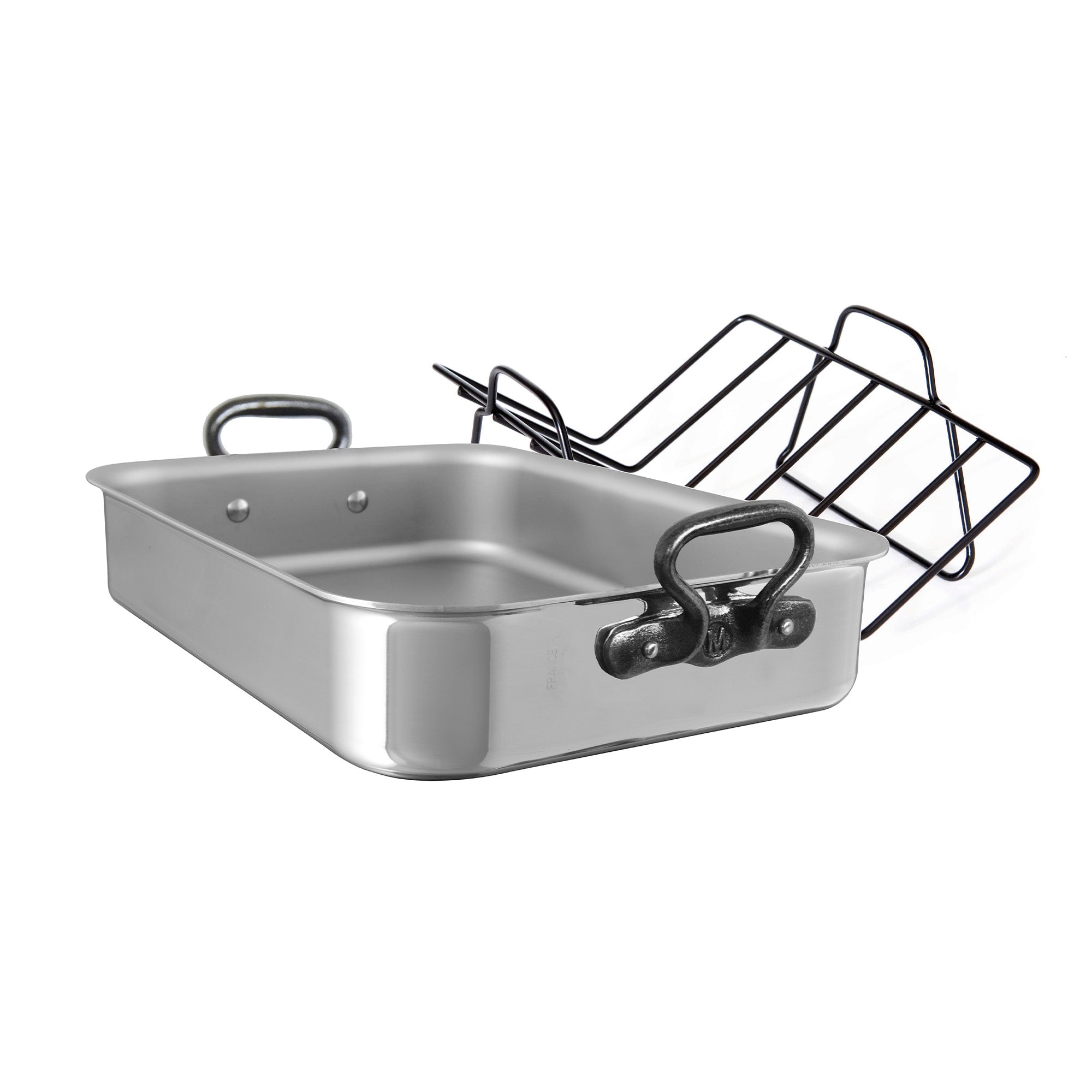 Mauviel stainless steel roasting pan with rack and cast iron handles, 15.7 x 11.8 inches, ideal for roasting meats and vegetables.