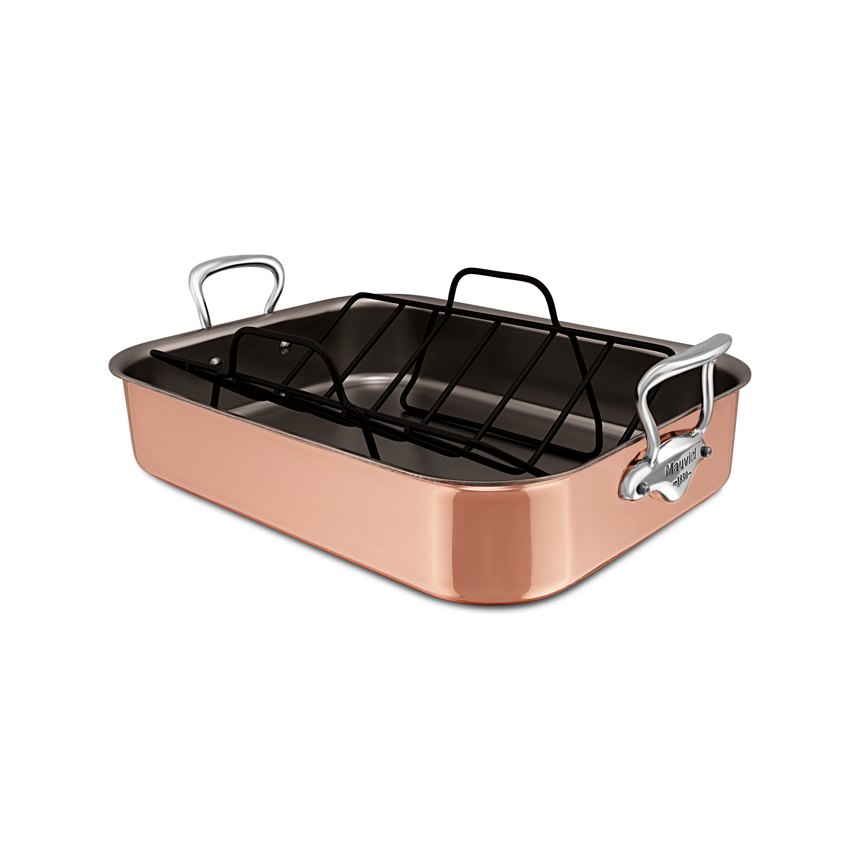 Mauviel copper roasting pan with cast stainless steel handles and rack, 15.7 x 11.8 inches, ideal for oven roasting and baking.