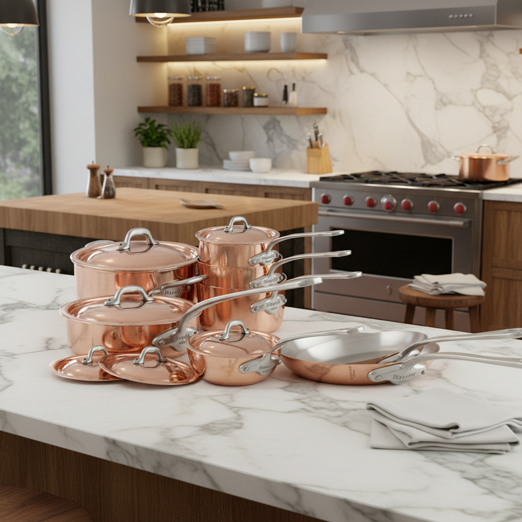 Mauviel M'Heritage M'150 S Copper 14-Piece Copper Cookware Set With Cast Stainless Steel Handles And Curved Lid - Mauviel1830