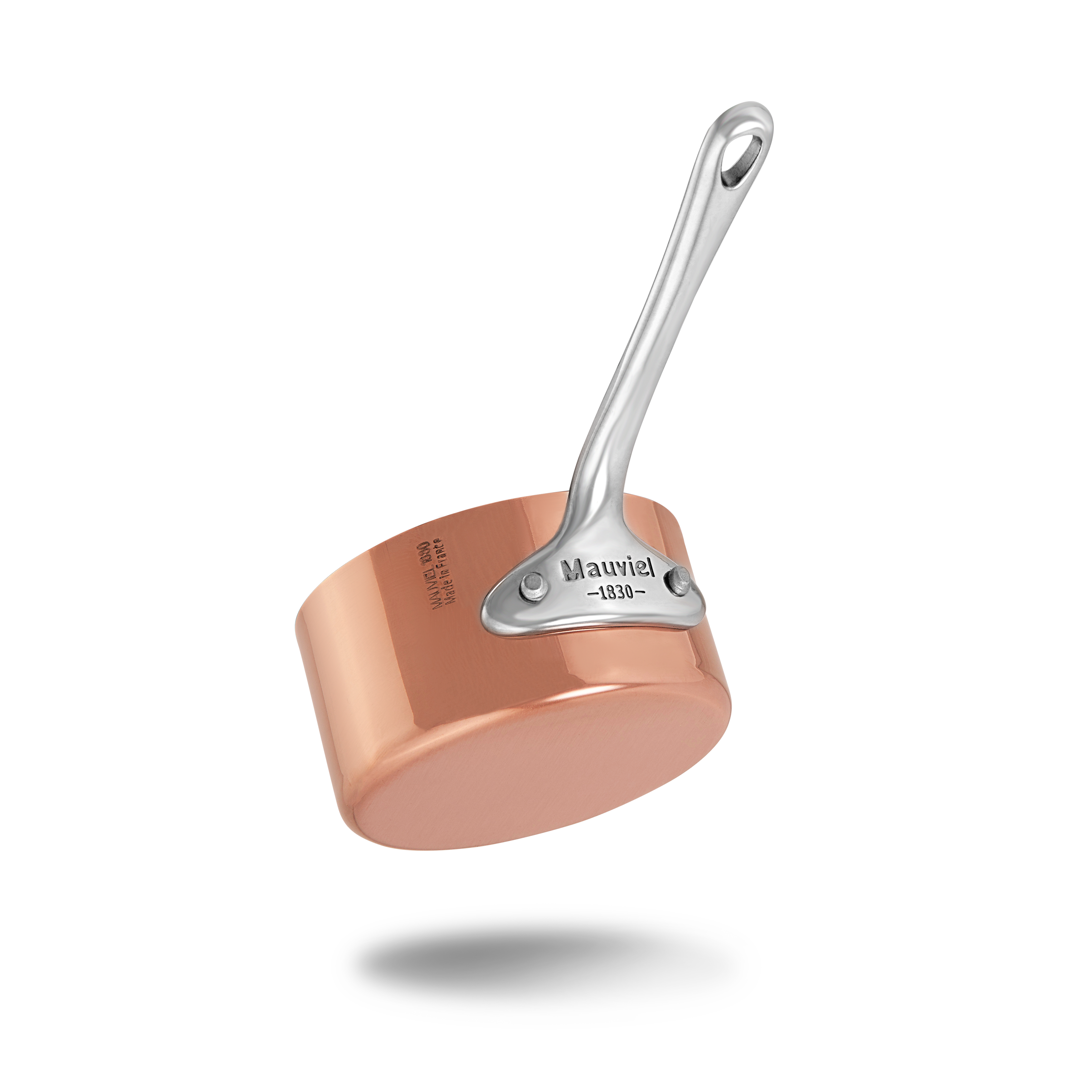 Mauviel M'MINIS copper sauce pan with stainless steel handle, 0.32-quart capacity, ideal for small sauces and precise heating.