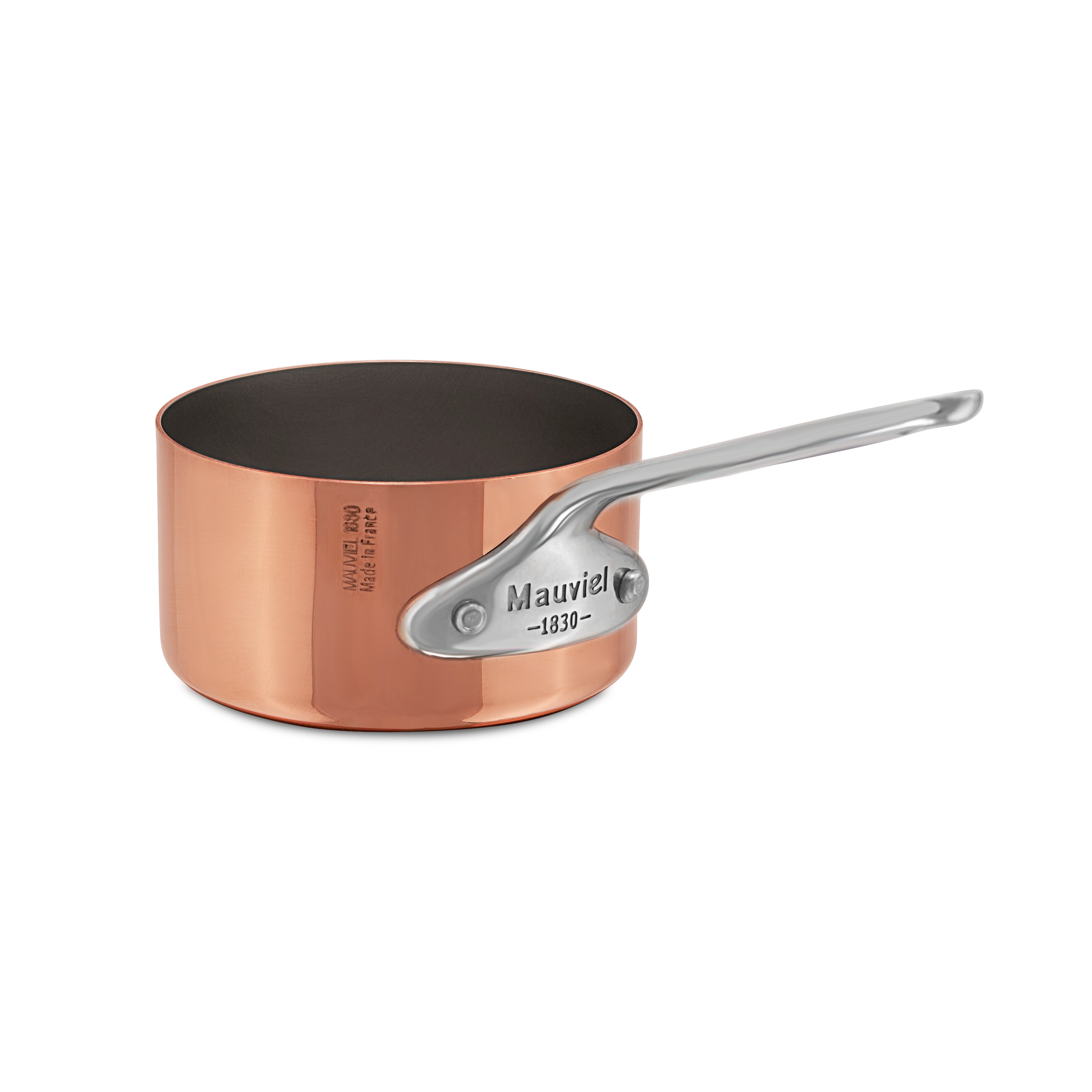 Mauviel M'MINIS copper sauce pan with stainless steel handle, 0.32-quart capacity, ideal for precise cooking and sauce preparation.