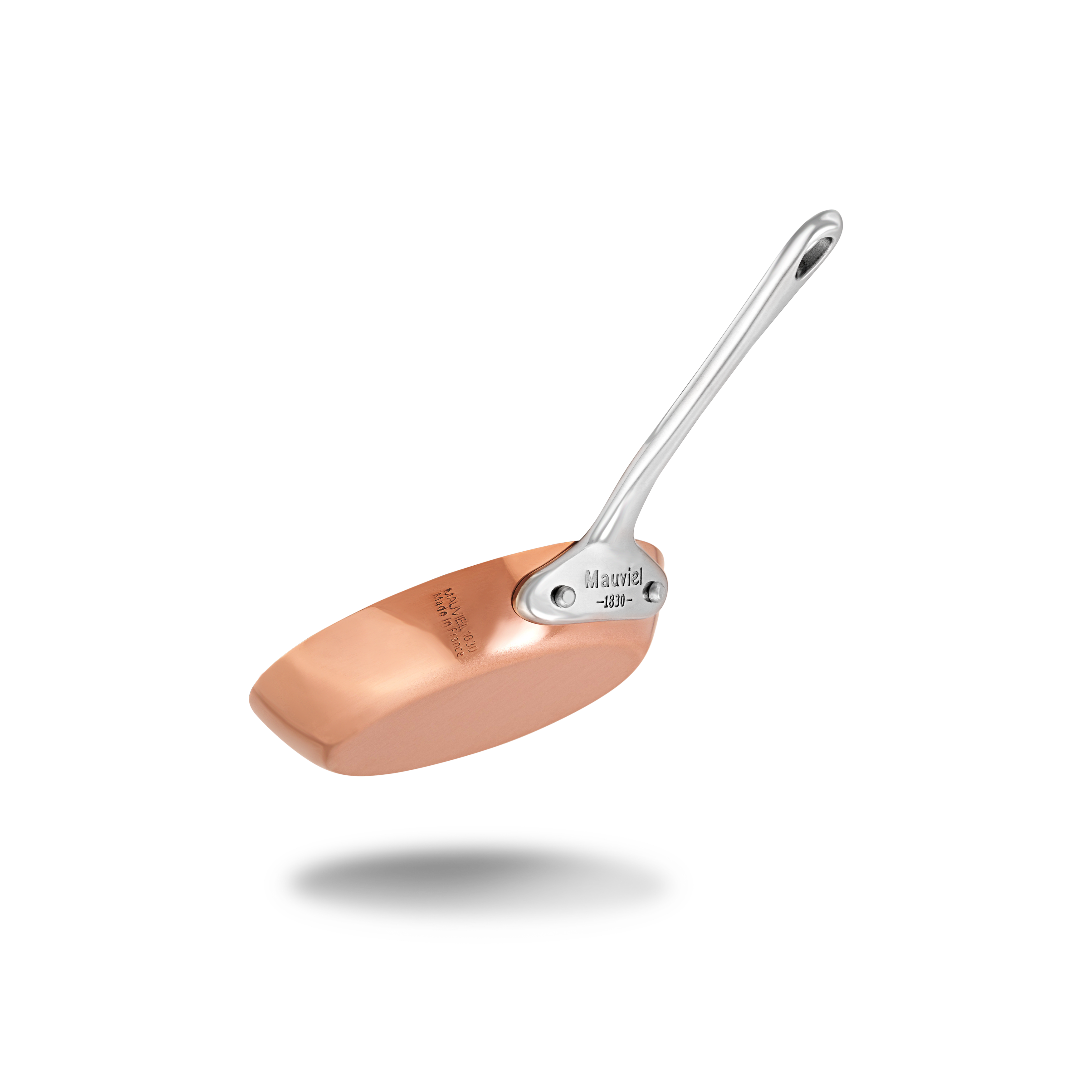 Mauviel M'MINIS 4.7-inch copper frying pan with stainless steel handle, ideal for sautéing and frying.