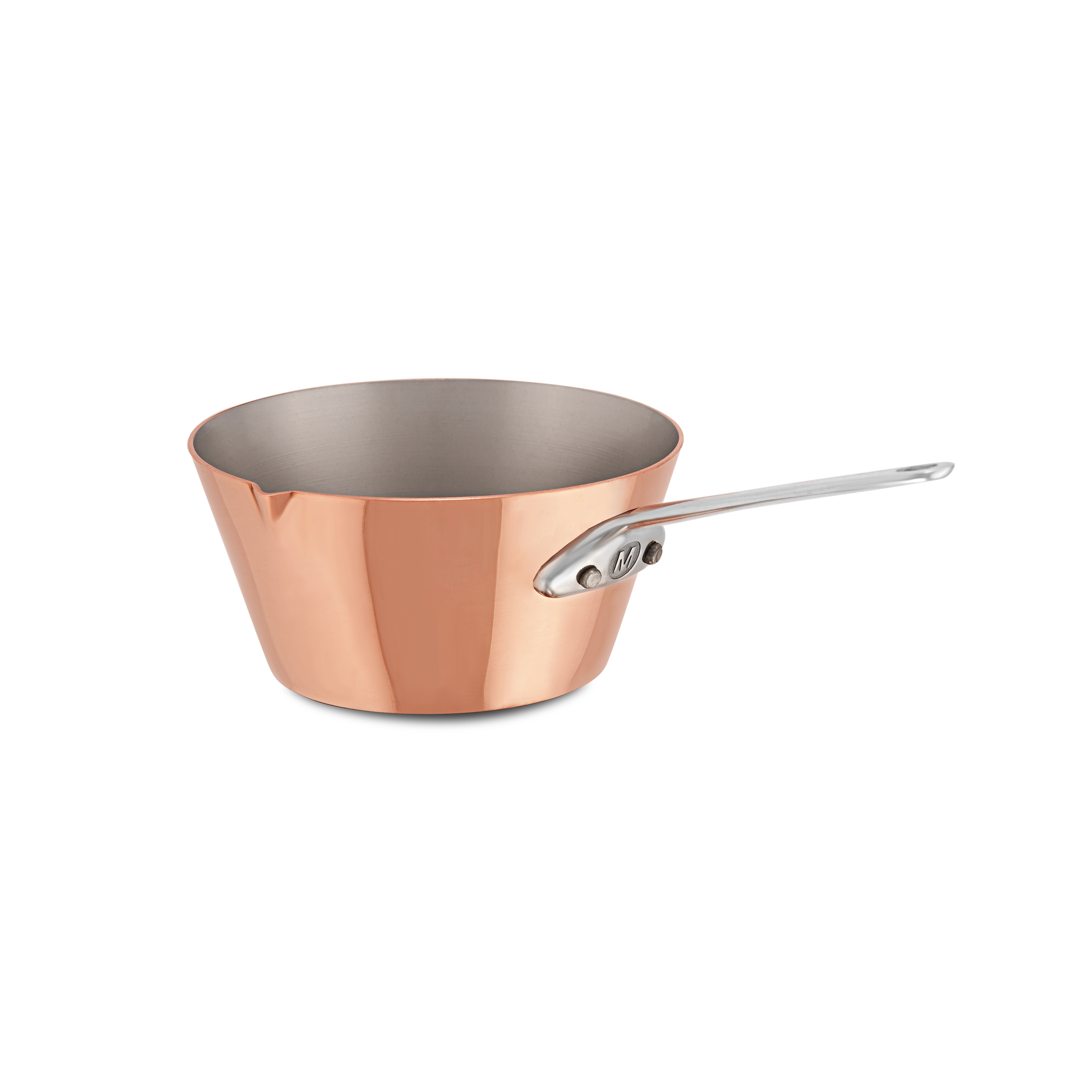 Mauviel M'MINIS splayed sauté pan with cast stainless steel handle and pouring edge, 3.5-inch chef pan for versatile cooking.