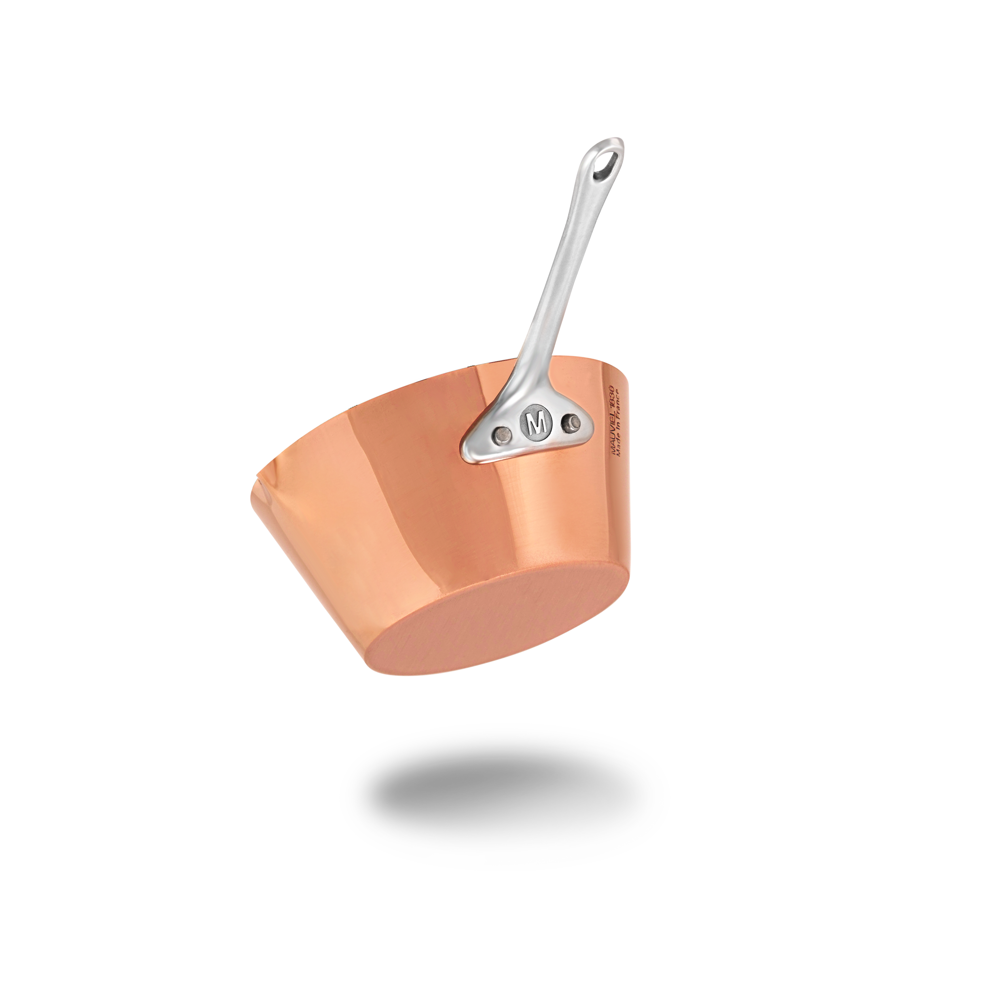 Mauviel M'MINIS splayed sauté pan with stainless steel handle and pouring edge, 3.5-inch chef pan for precise cooking.