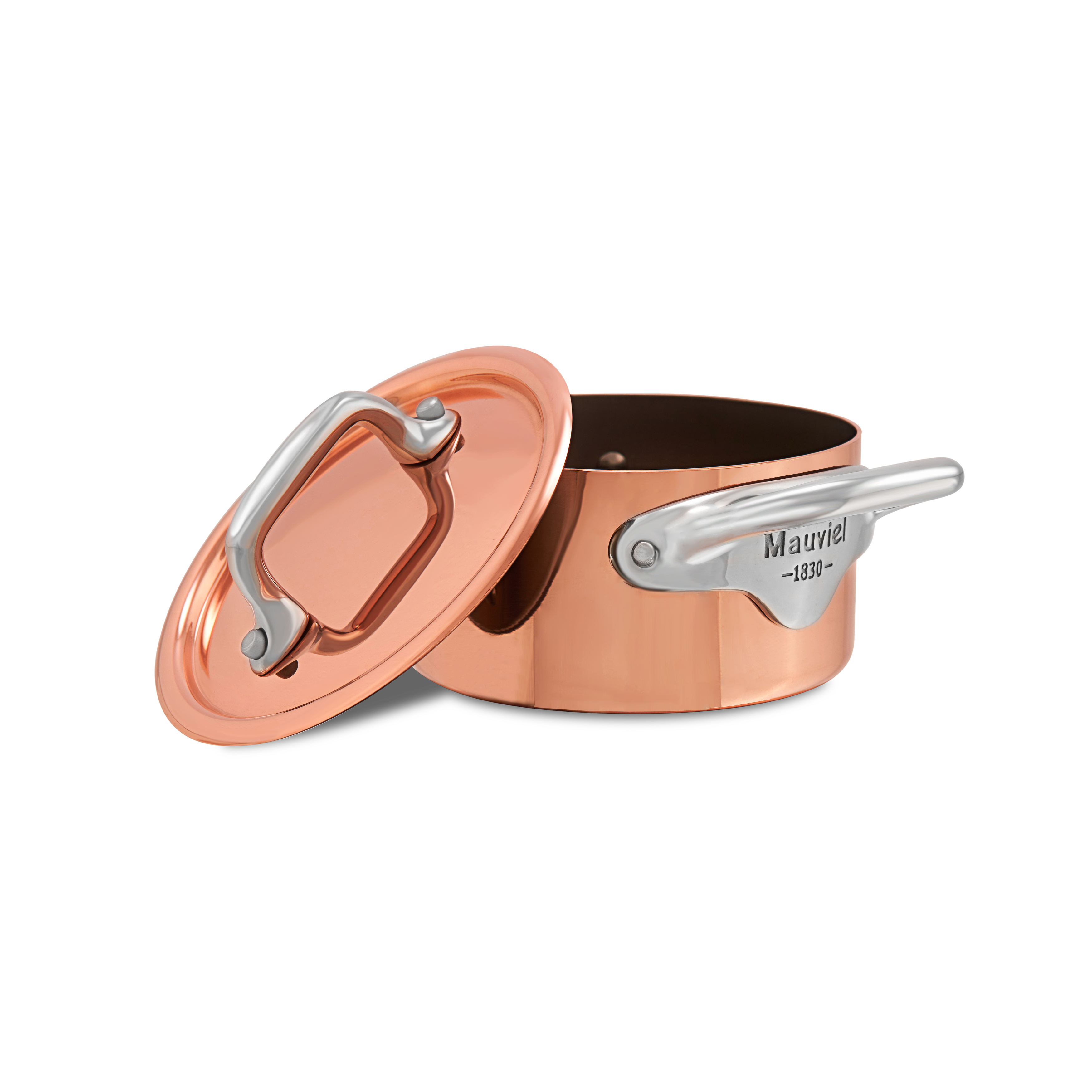 Mauviel M'MINIS copper stewpan with stainless steel handles, 0.34-quart capacity, showcasing polished copper surface and sturdy handles.