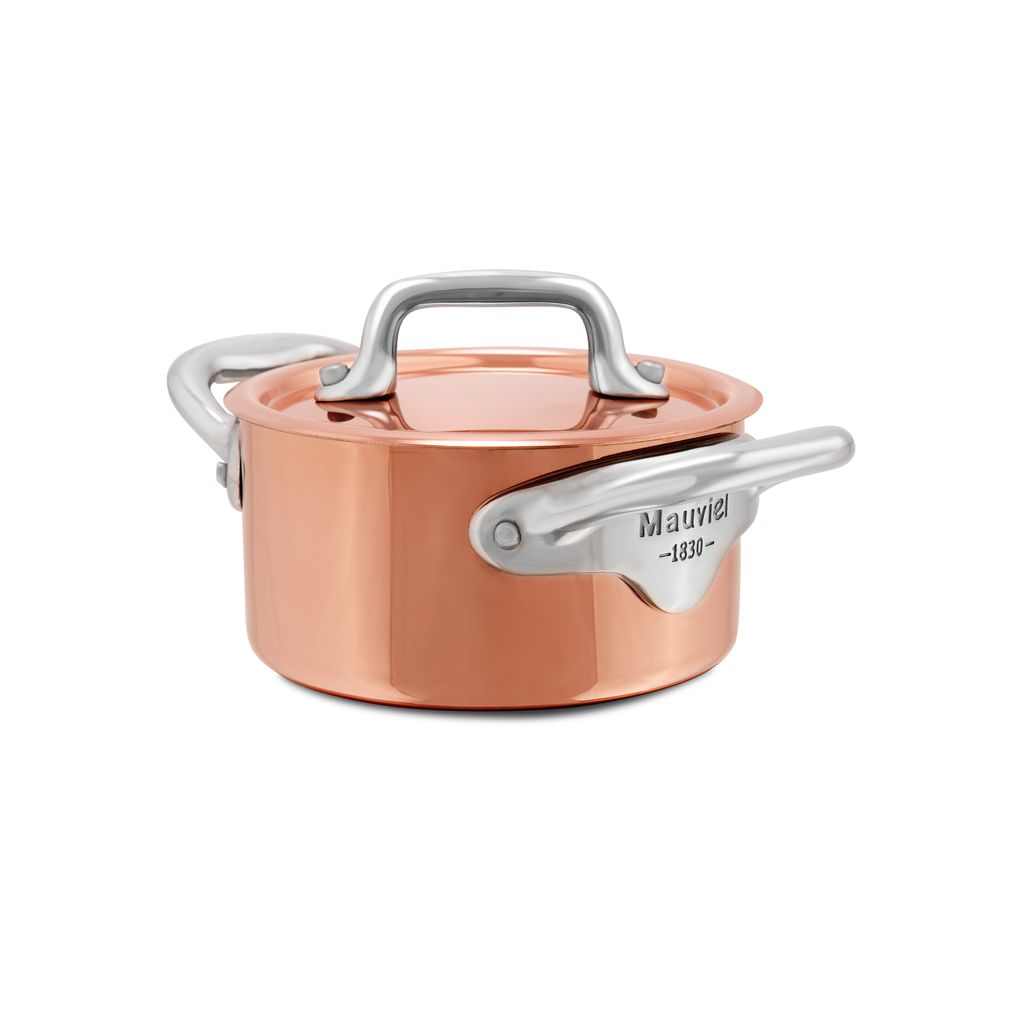 Mauviel M'MINIS copper stewpan with stainless steel handles, 0.34-quart capacity, showcasing polished copper surface and handles.