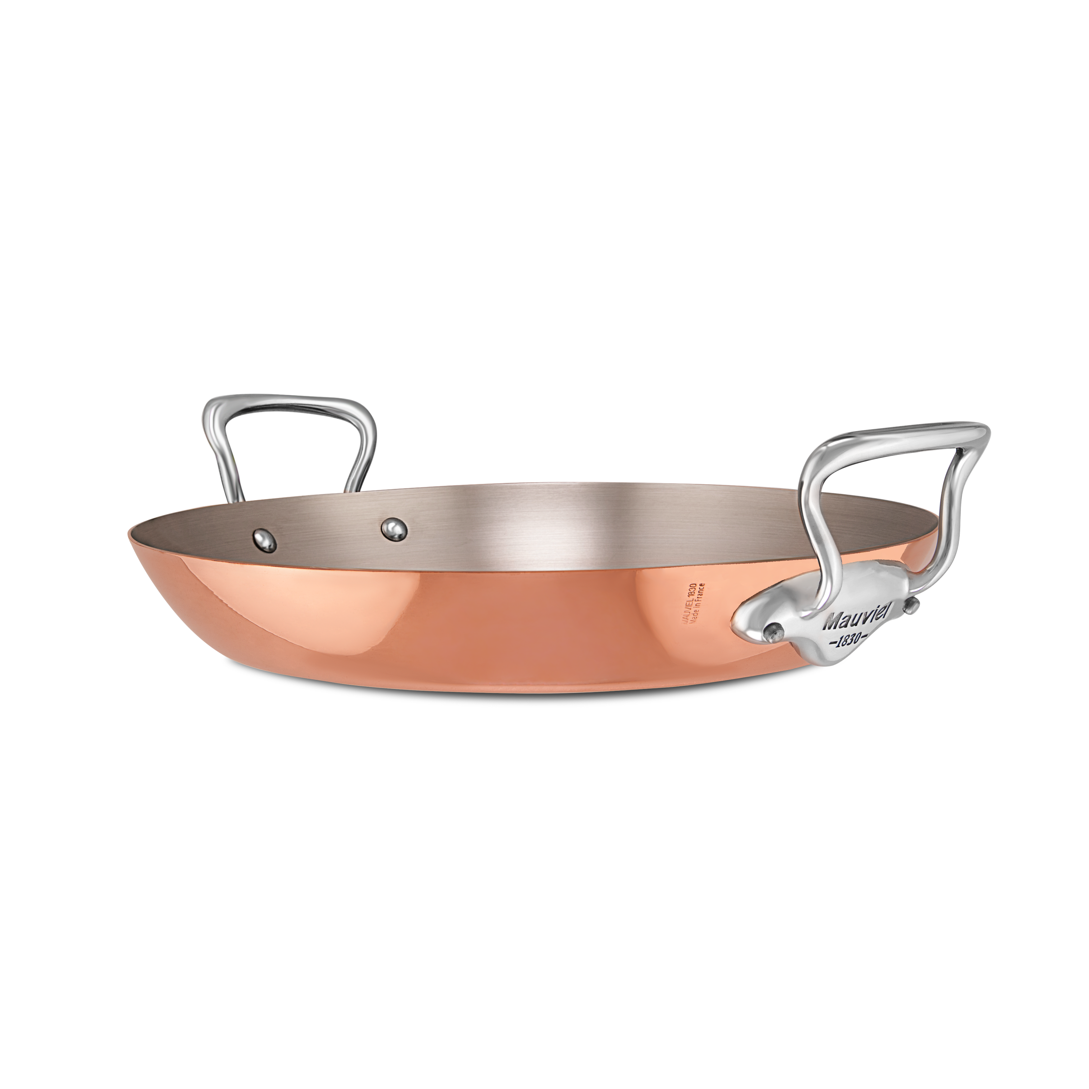 Mauviel M'Heritage M'150 S copper paella pan with cast stainless steel handle, 13.8-inch diameter for authentic cooking.