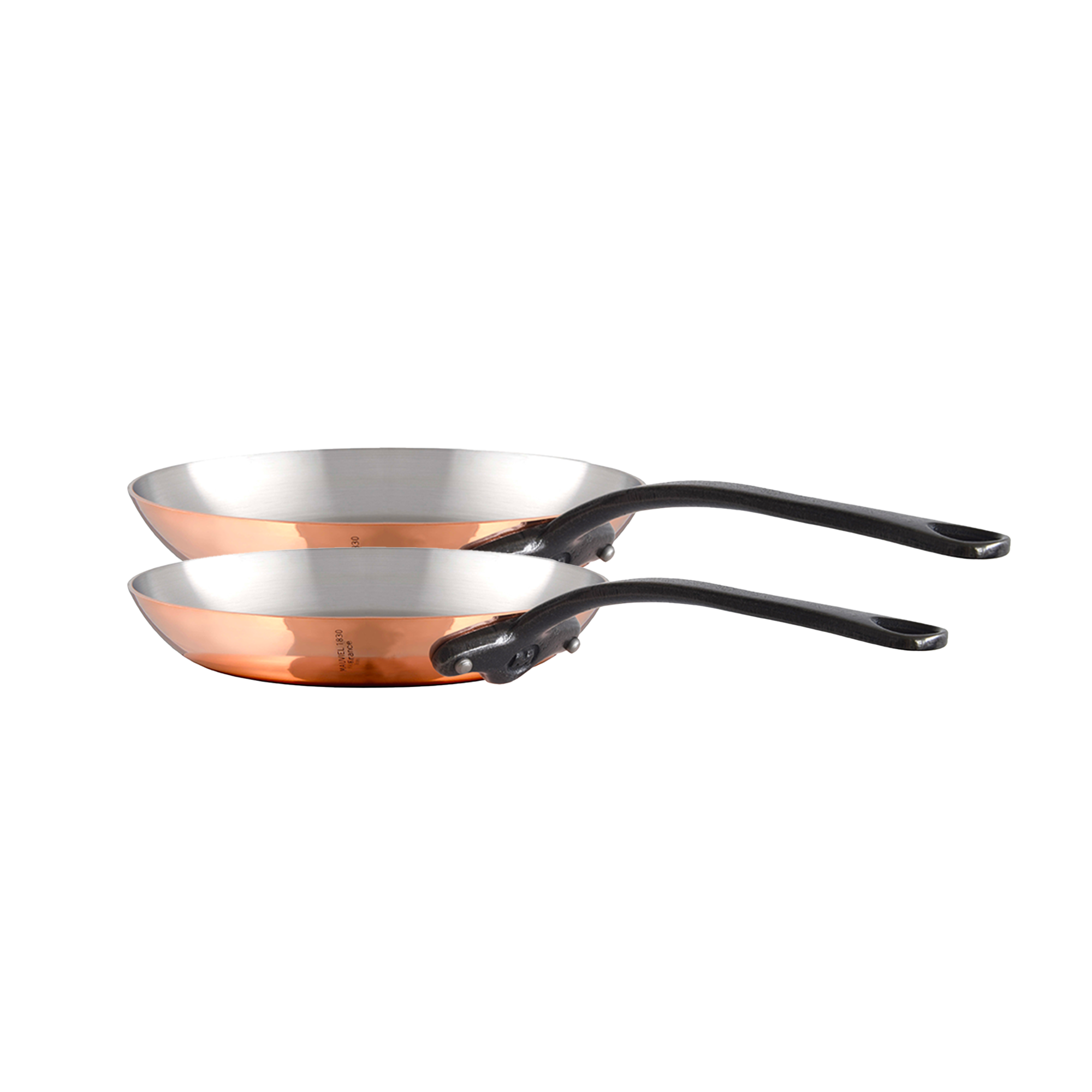 Mauviel M'Heritage M'150 CI copper frying pan set with two pans and cast iron handles, ideal for professional cooking.
