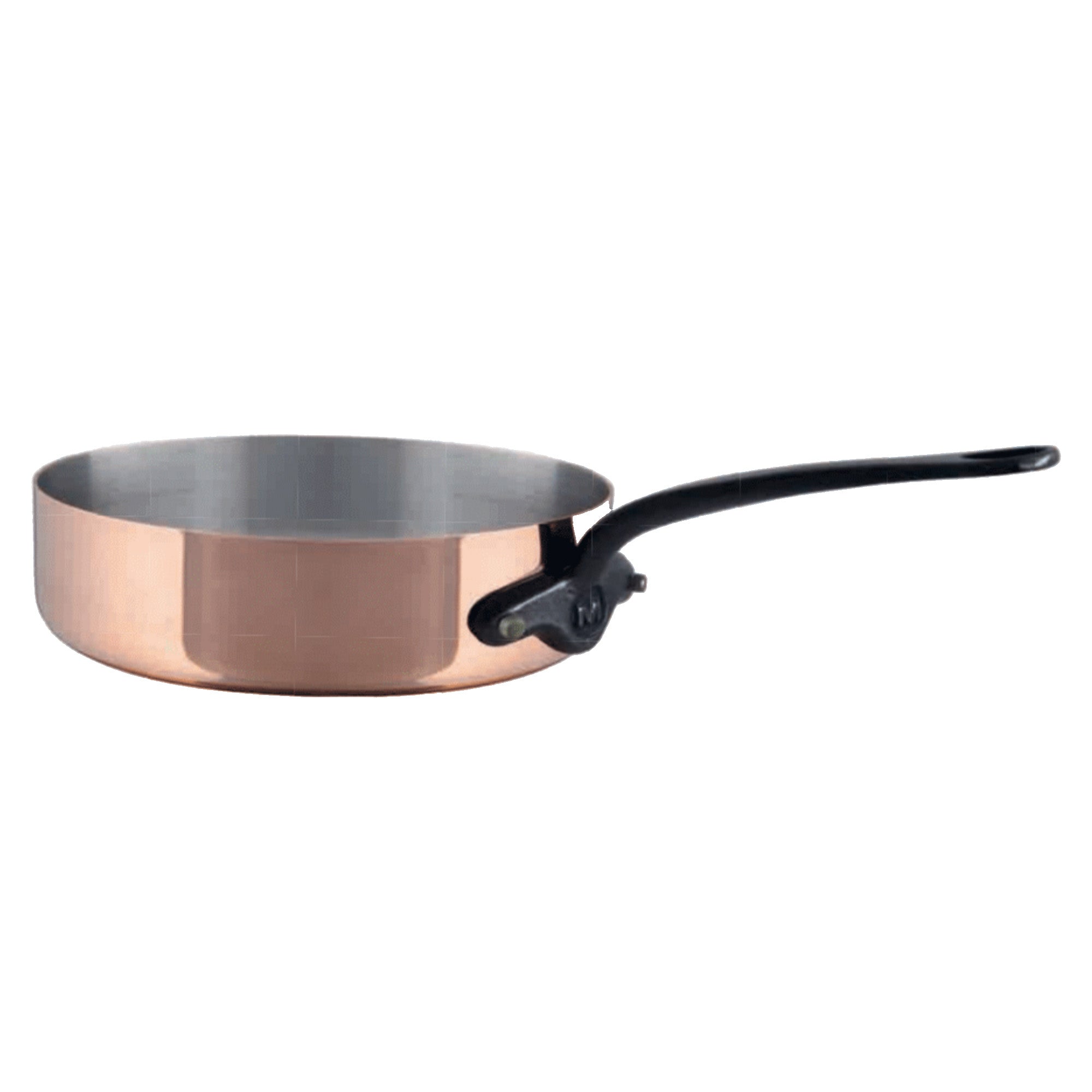 Mauviel M'Heritage M'150 CI copper sauté pan with cast iron handle, 1.8-quart size, featuring shiny copper finish and sturdy handle.
