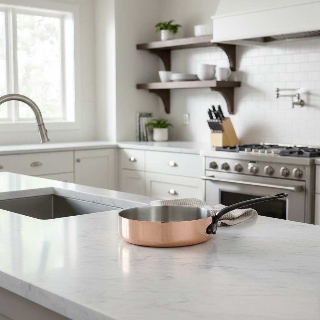 Mauviel M'Heritage M'150 CI 1.8-Qt copper saute pan with cast iron handle, showcasing shiny copper surface and sturdy handle.