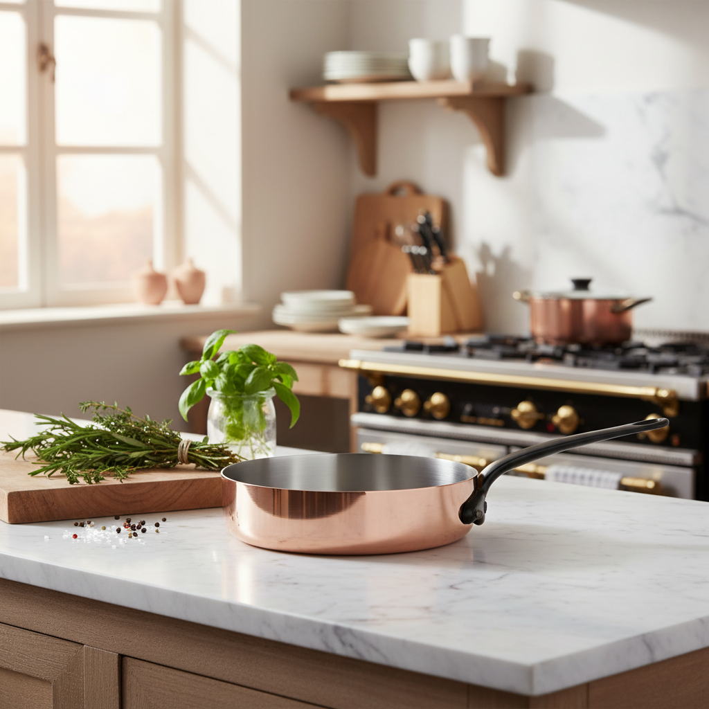 Mauviel M'Heritage M'150 CI copper saute pan with cast iron handle, 1.8-quart, shiny copper surface and sturdy cast iron handle.