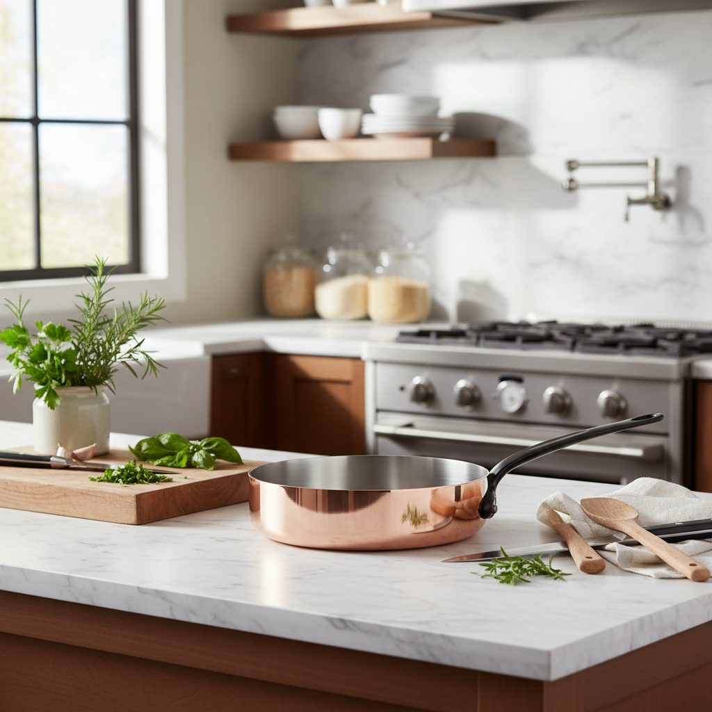 Mauviel M'Heritage M'150 CI copper saute pan with cast iron handle, 1.8-quart capacity, showing polished copper exterior and sturdy handle.