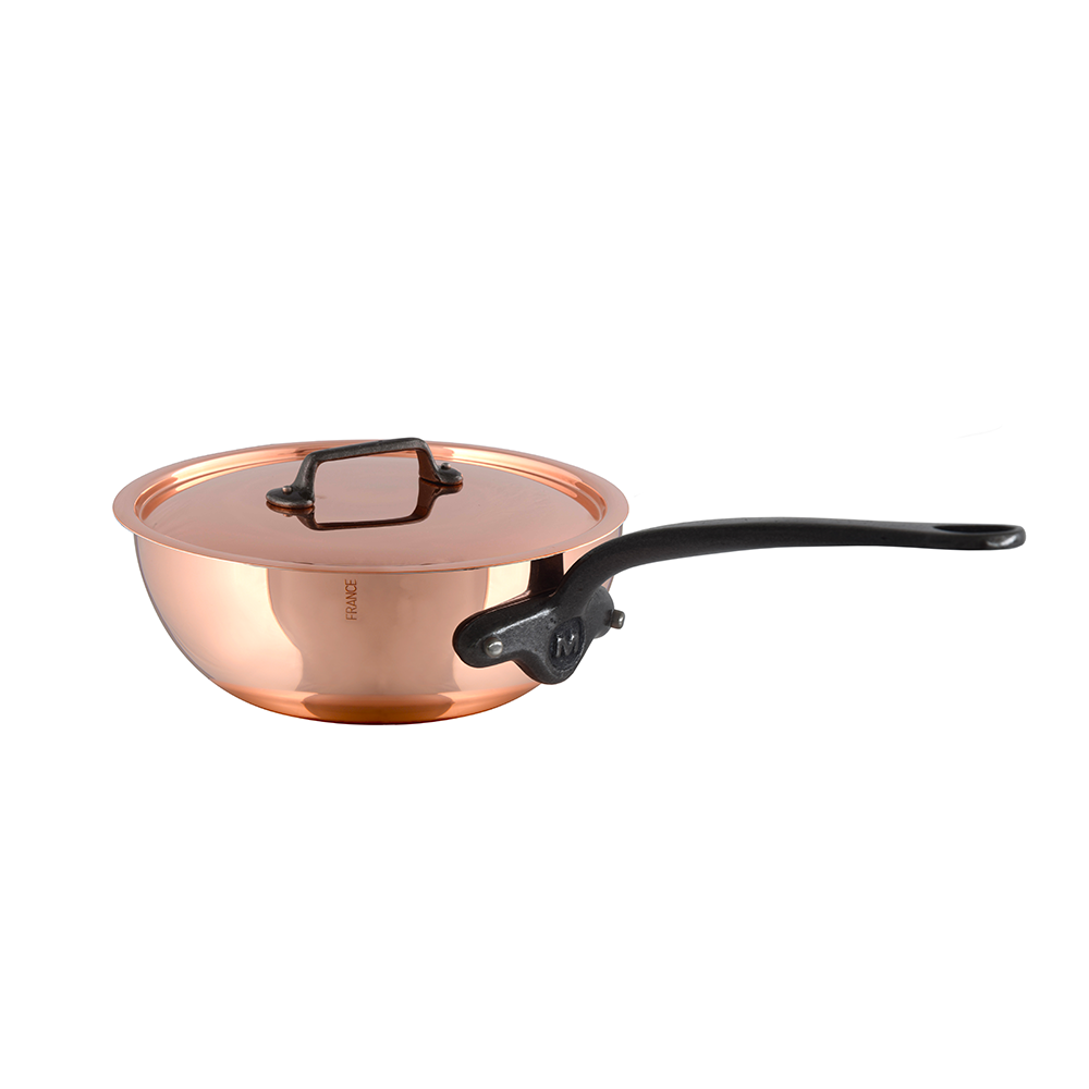 Mauviel M’Heritage M’150 CI chef pan with lid, cast iron handle, 3.6-quart size, curved splayed design, stainless steel finish
