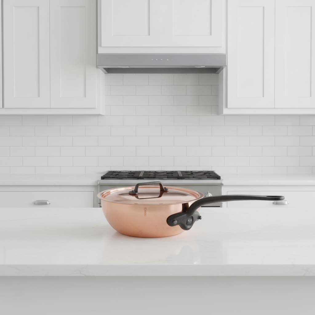 Mauviel M'Heritage M'150 CI chef pan with lid, cast iron handle, 3.6-Qt size, curved splayed sauté pan for versatile cooking.