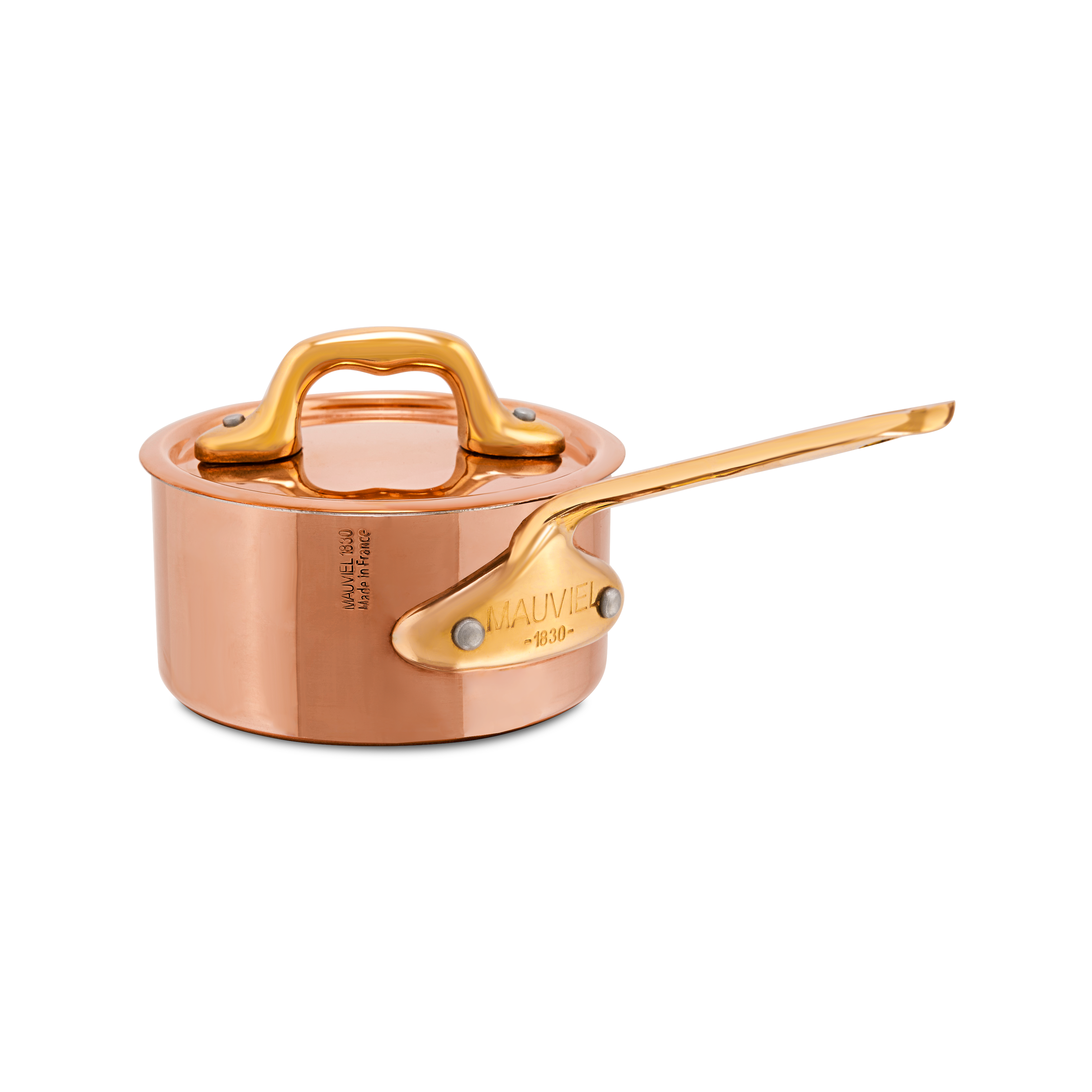 Mauviel M'MINIS copper sauce pan with brass handles and lid, 3.54-inch diameter, showcasing polished copper surface and sturdy construction.