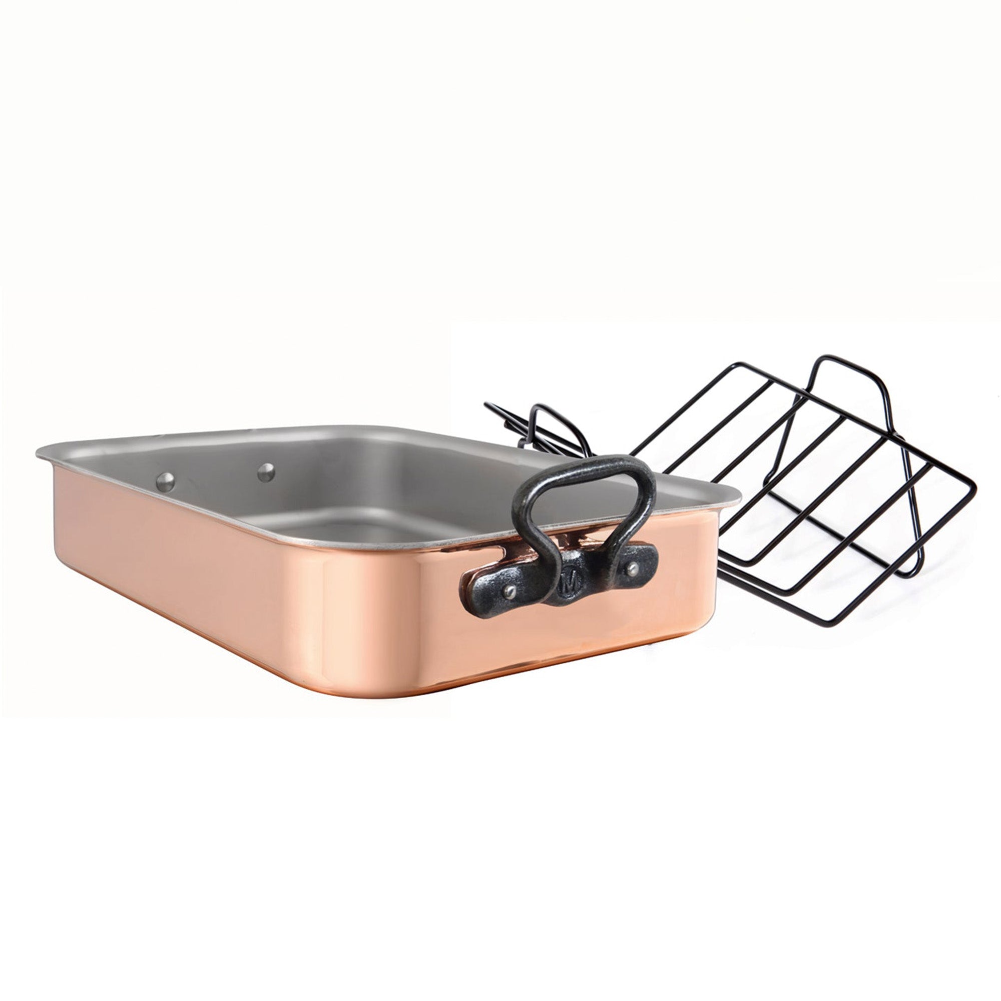 Mauviel copper roasting pan with cast iron handles and included rack, measuring 15.7 x 11.8 inches, ideal for oven roasting.