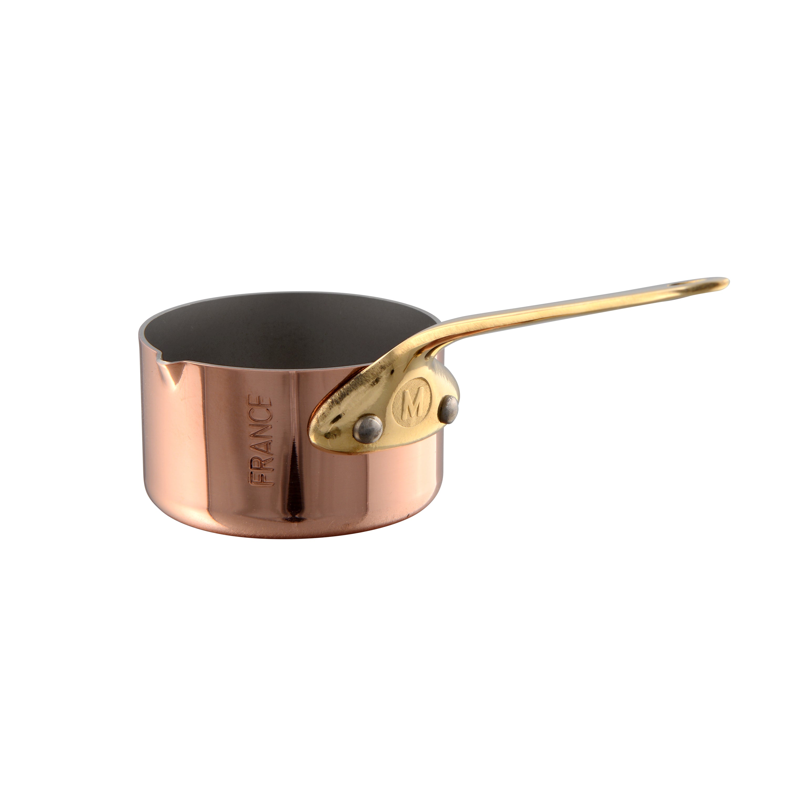 Mauviel M'MINIS copper sauce pan with brass handle and pouring spout, 2-inch diameter, ideal for precise cooking.