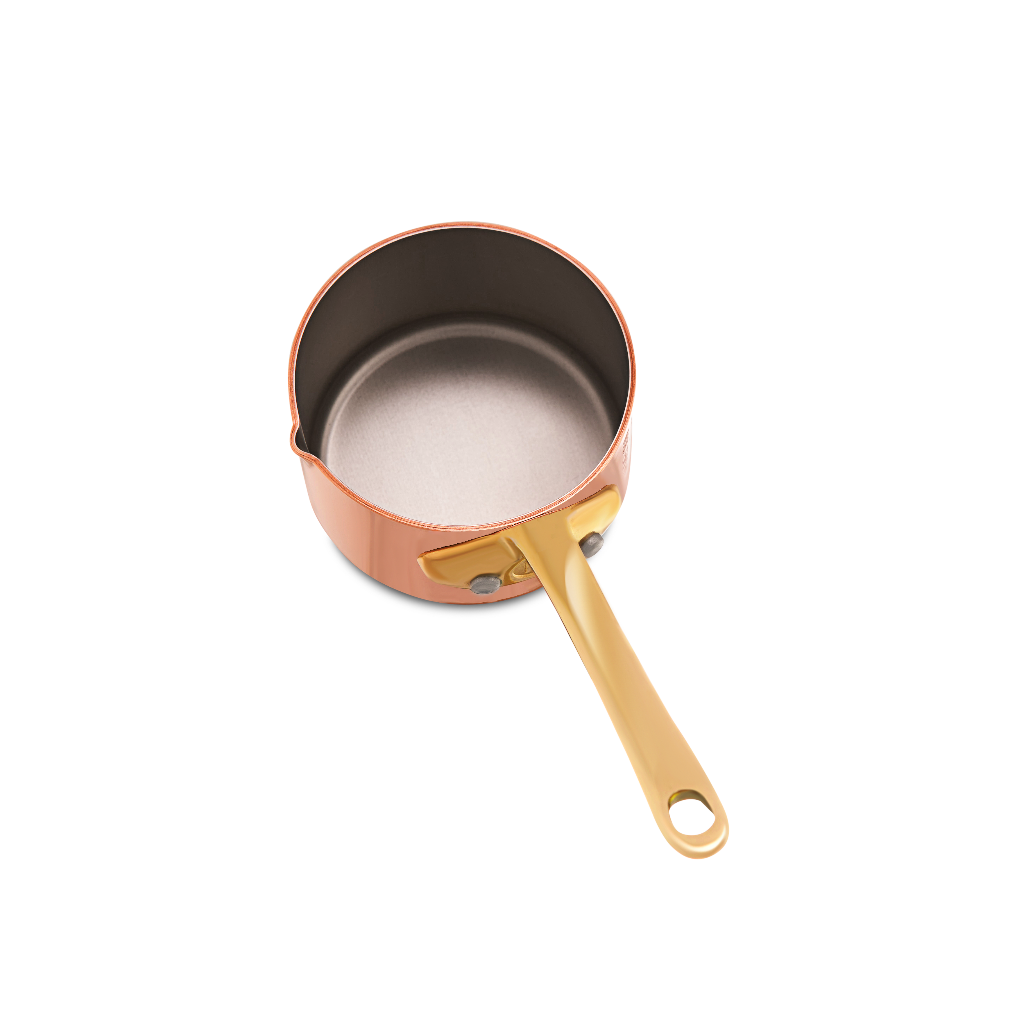 Mauviel M'MINIS copper sauce pan with brass handle and pouring spout, 2.7-inch diameter, suitable for precise cooking and sauce preparation.