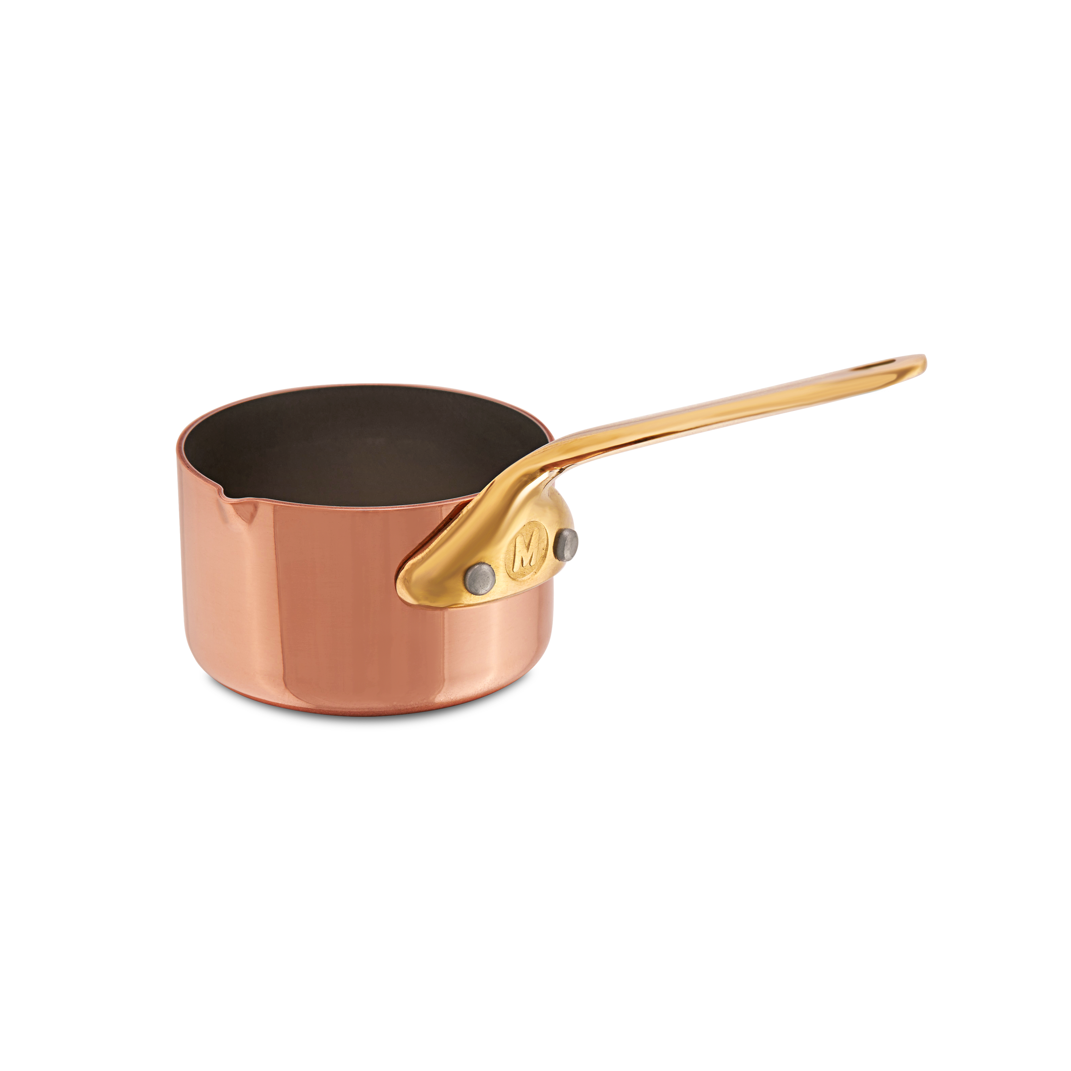 Mauviel M'MINIS copper sauce pan with brass handle and pouring spout, 2.7-inch diameter, ideal for sauces and small cooking tasks