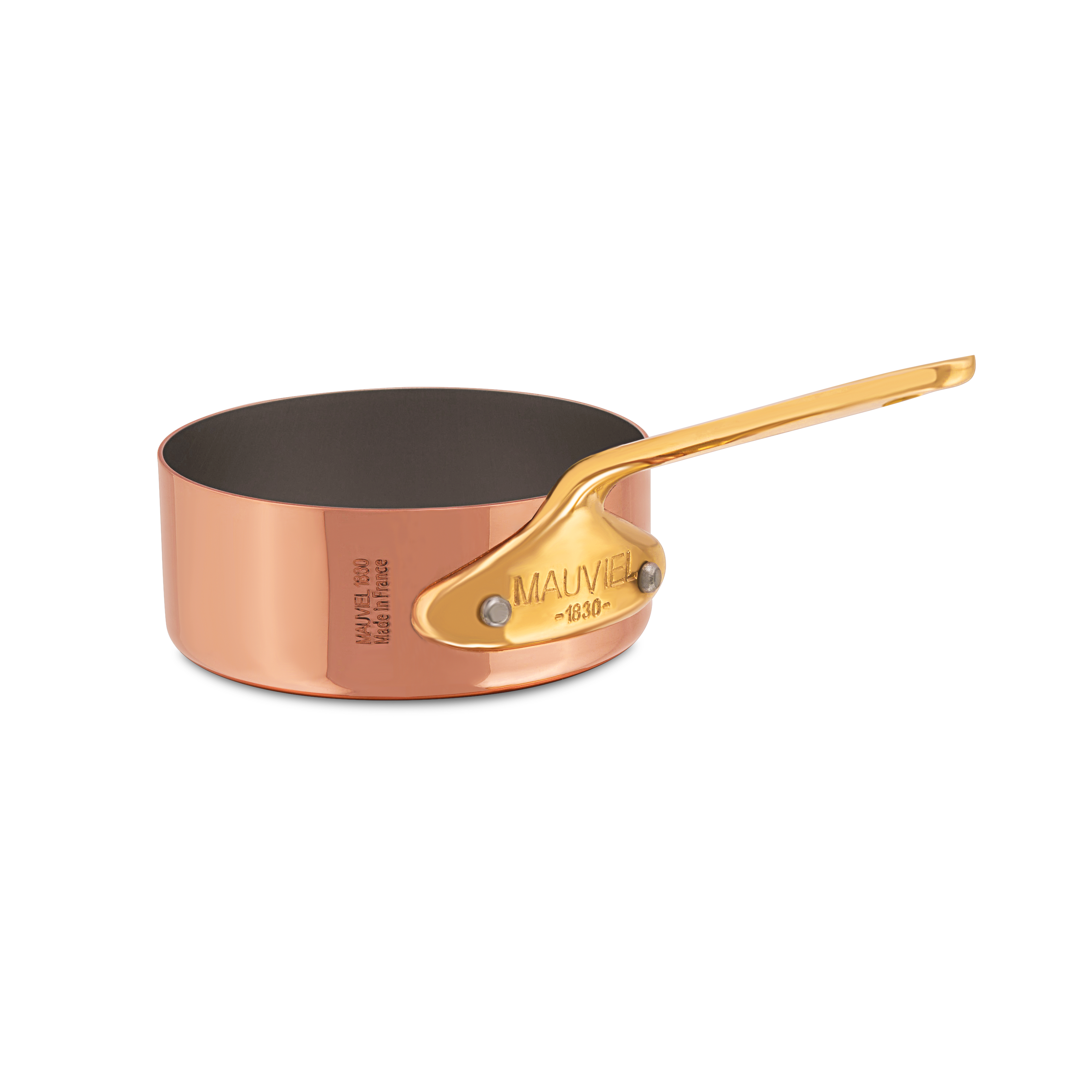 Mauviel M'MINIS copper saute pan with brass handle, 0.26-quart size, showcasing shiny copper surface and sturdy brass handle.