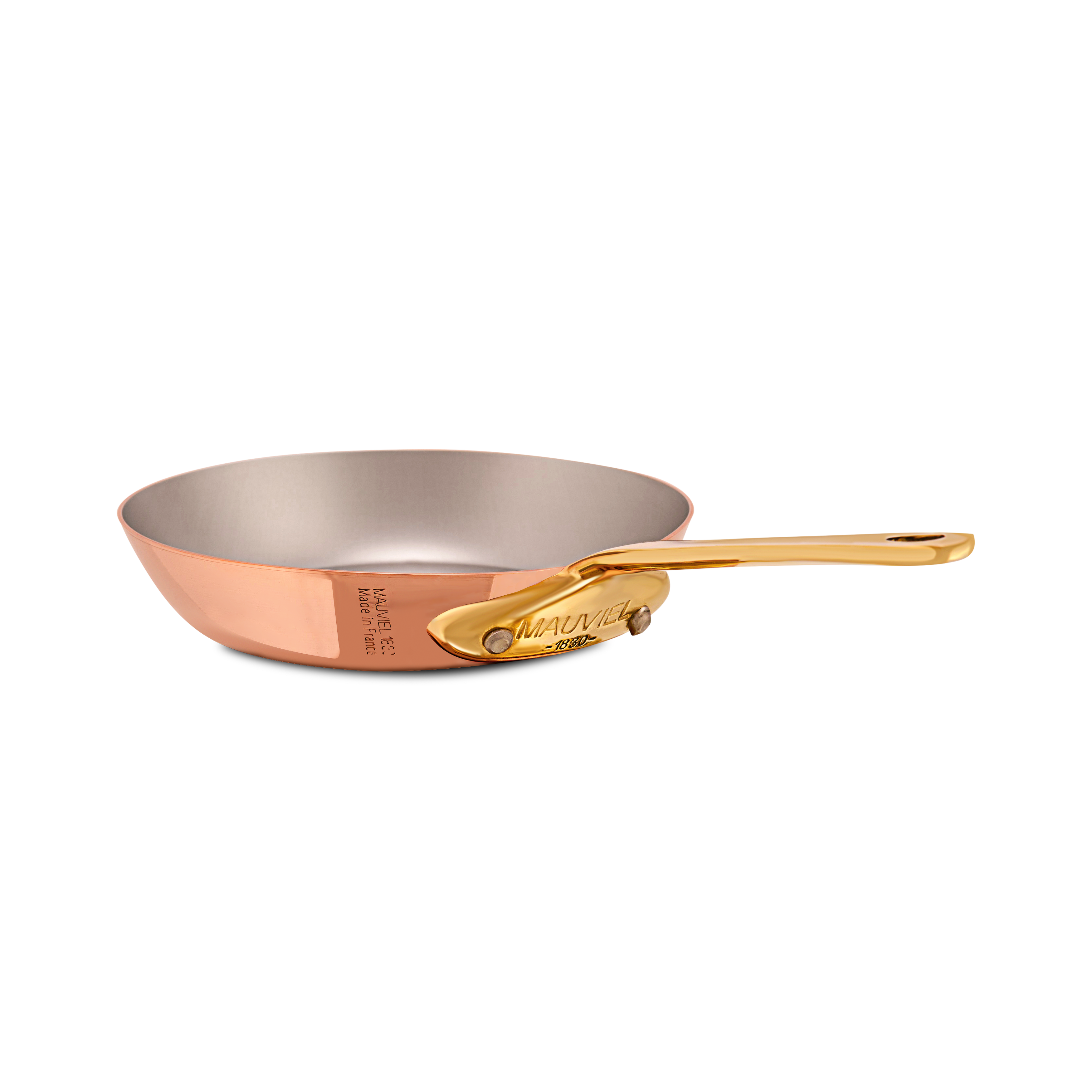 Mauviel M'MINIS copper round frying pan with brass handle, 4.7-inch diameter, ideal for precise cooking and heat distribution.