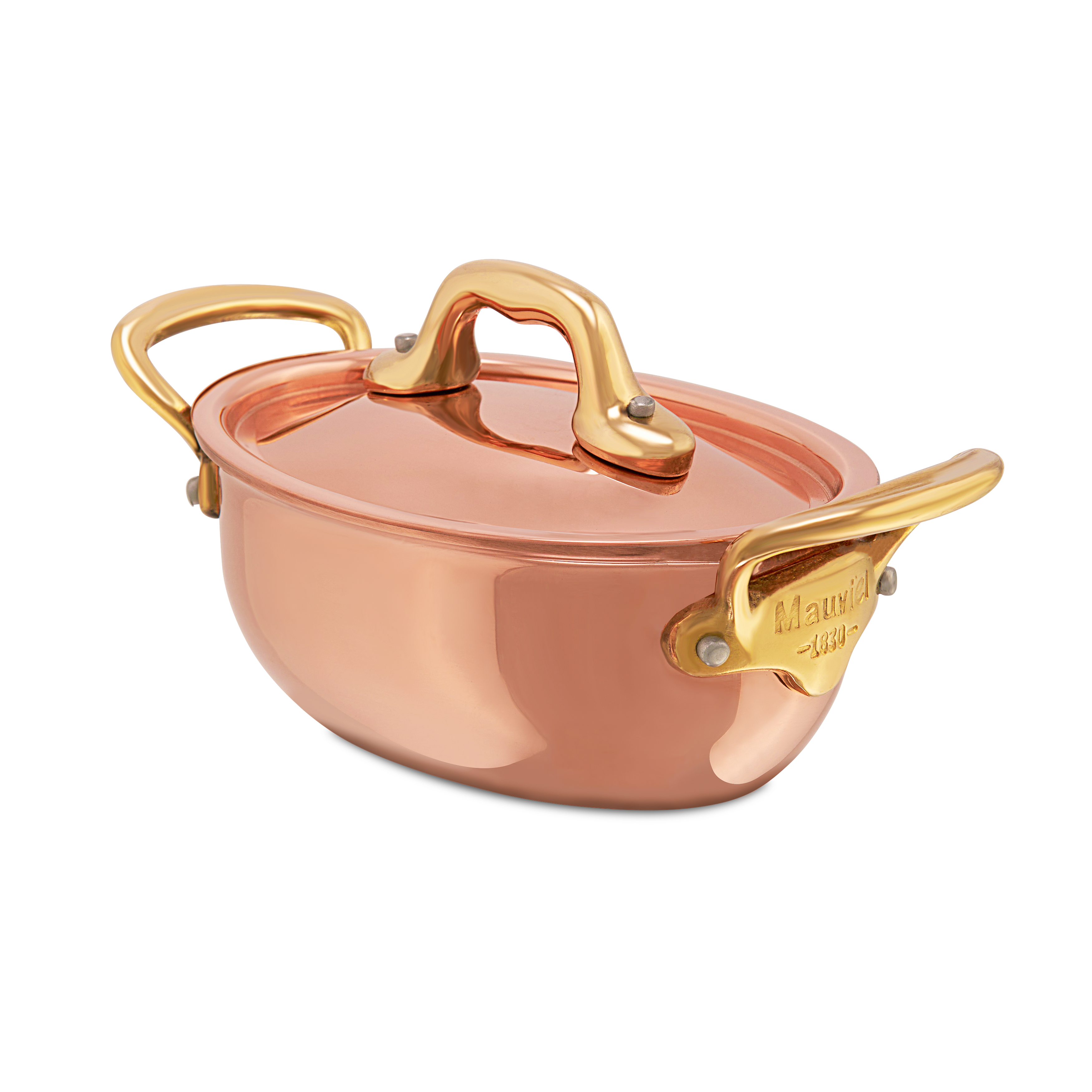 Mauviel M'MINIS copper oval stew pan with brass handles and lid, 0.42-quart stockpot for cooking and serving.