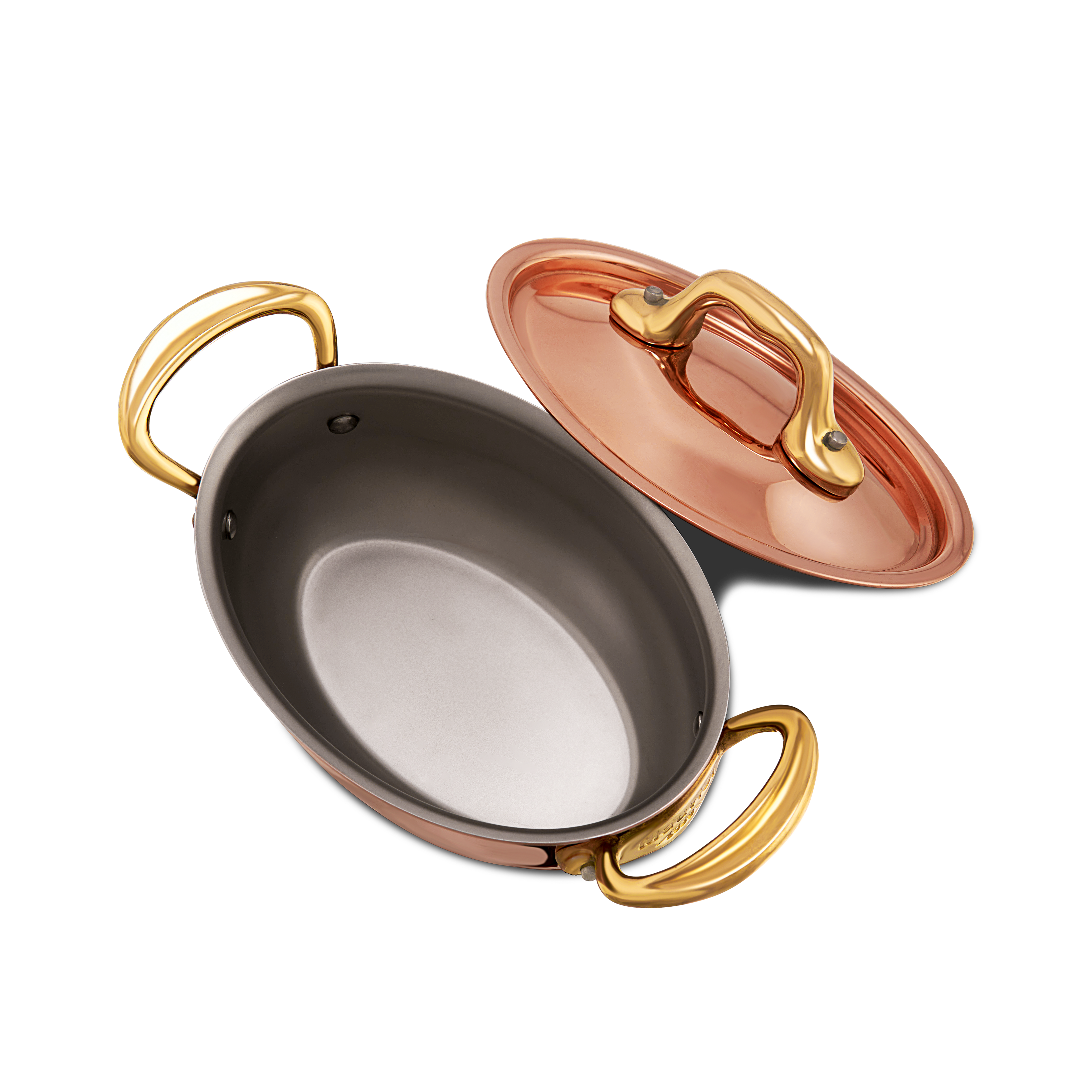 Mauviel M'MINIS copper oval stew pan with brass handles and lid, 0.42-quart capacity, ideal for small batch cooking