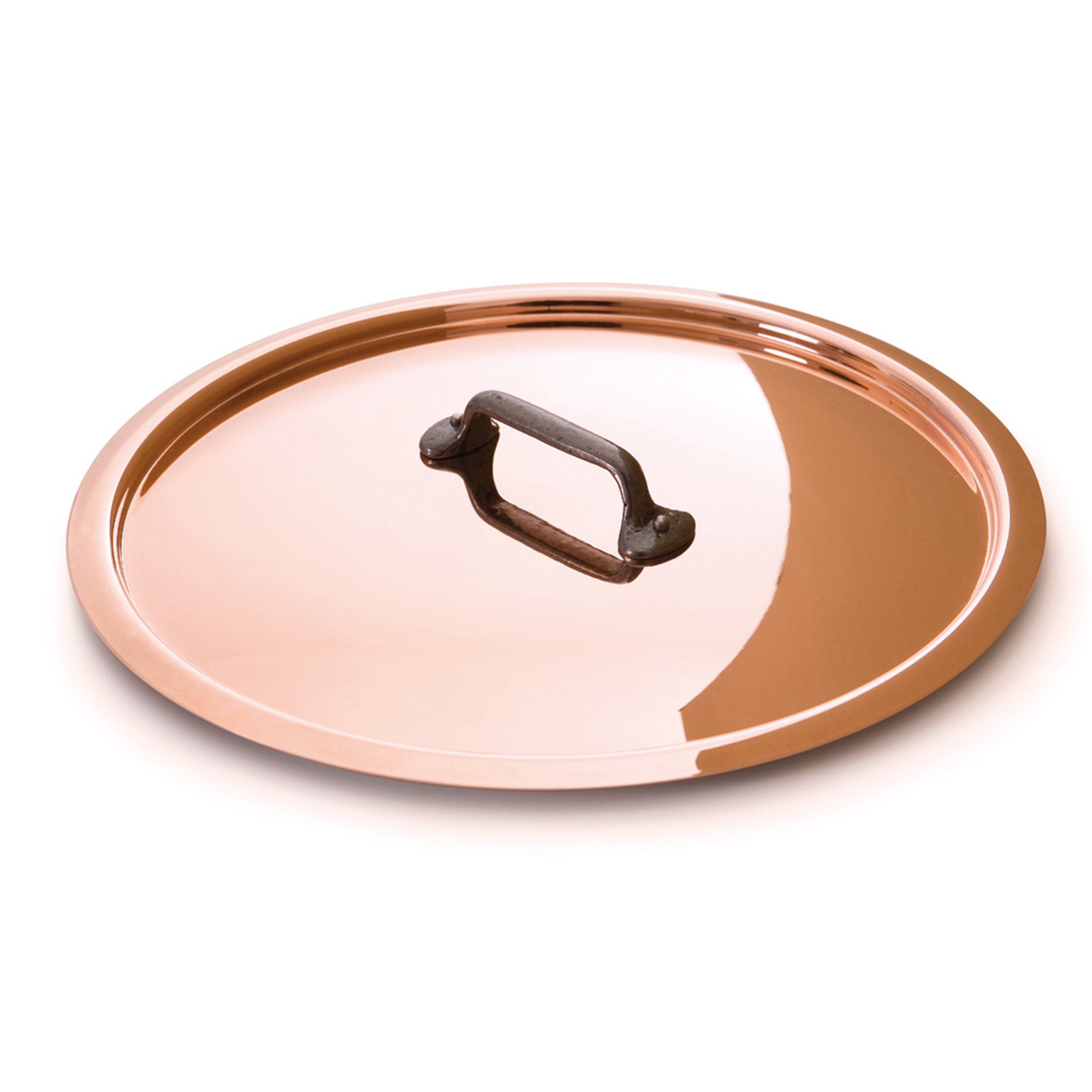 Mauviel copper curved lid with cast iron handle for 6.3-inch pots and pans, showcasing a polished copper surface and sturdy handle.