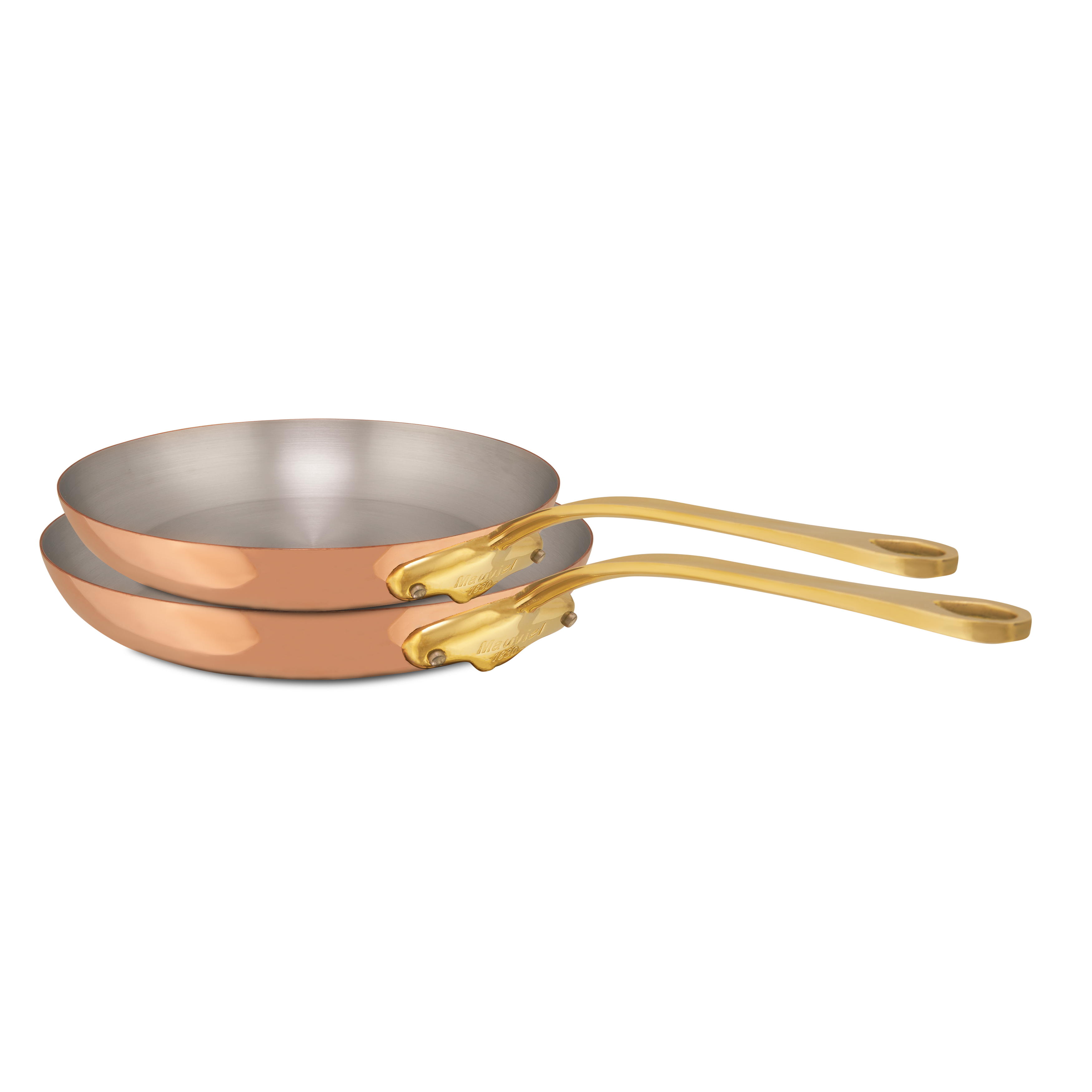 Mauviel M'Heritage M'150 B copper frying pan set with two pans and brass handles, showcasing polished copper cookware.