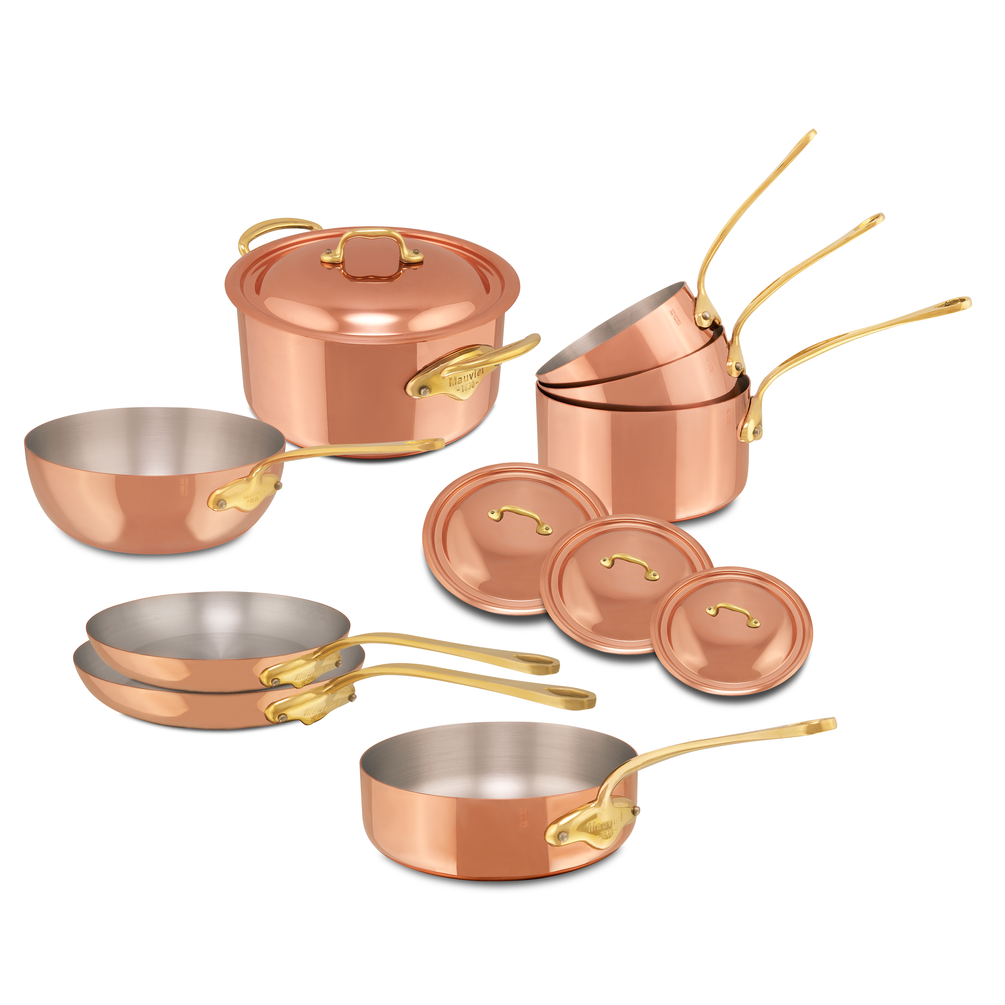 Mauviel M'Heritage M'150 B 12-piece copper cookware set with brass handles, including pots and pans on a kitchen countertop.