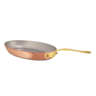 Mauviel M'Heritage M'150 B copper oval frying pan with brass handle, shown from top view with polished copper surface and sturdy handle