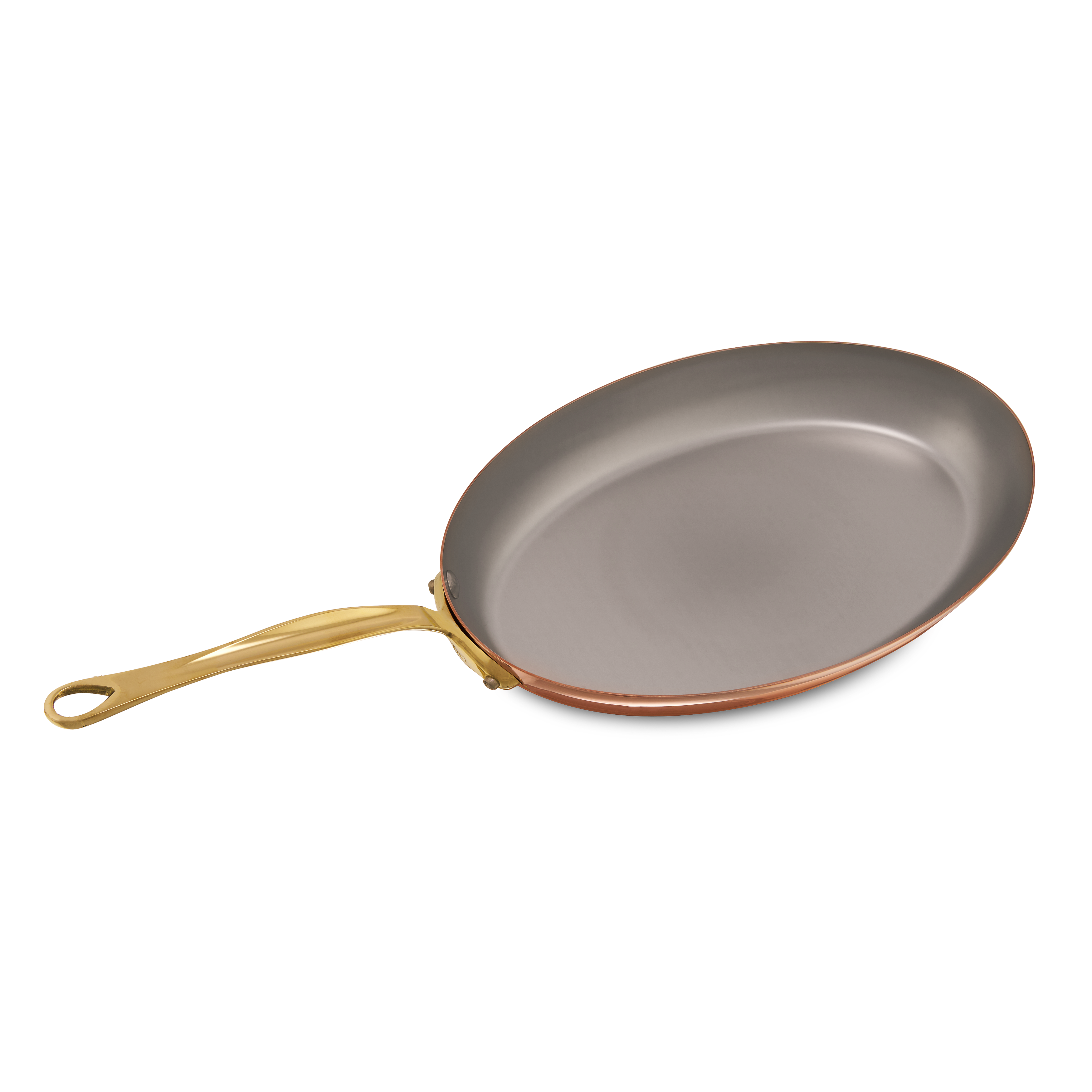 Mauviel M'Heritage M'150 B copper oval frying pan with brass handle, showcasing its polished copper surface and sturdy brass grip.