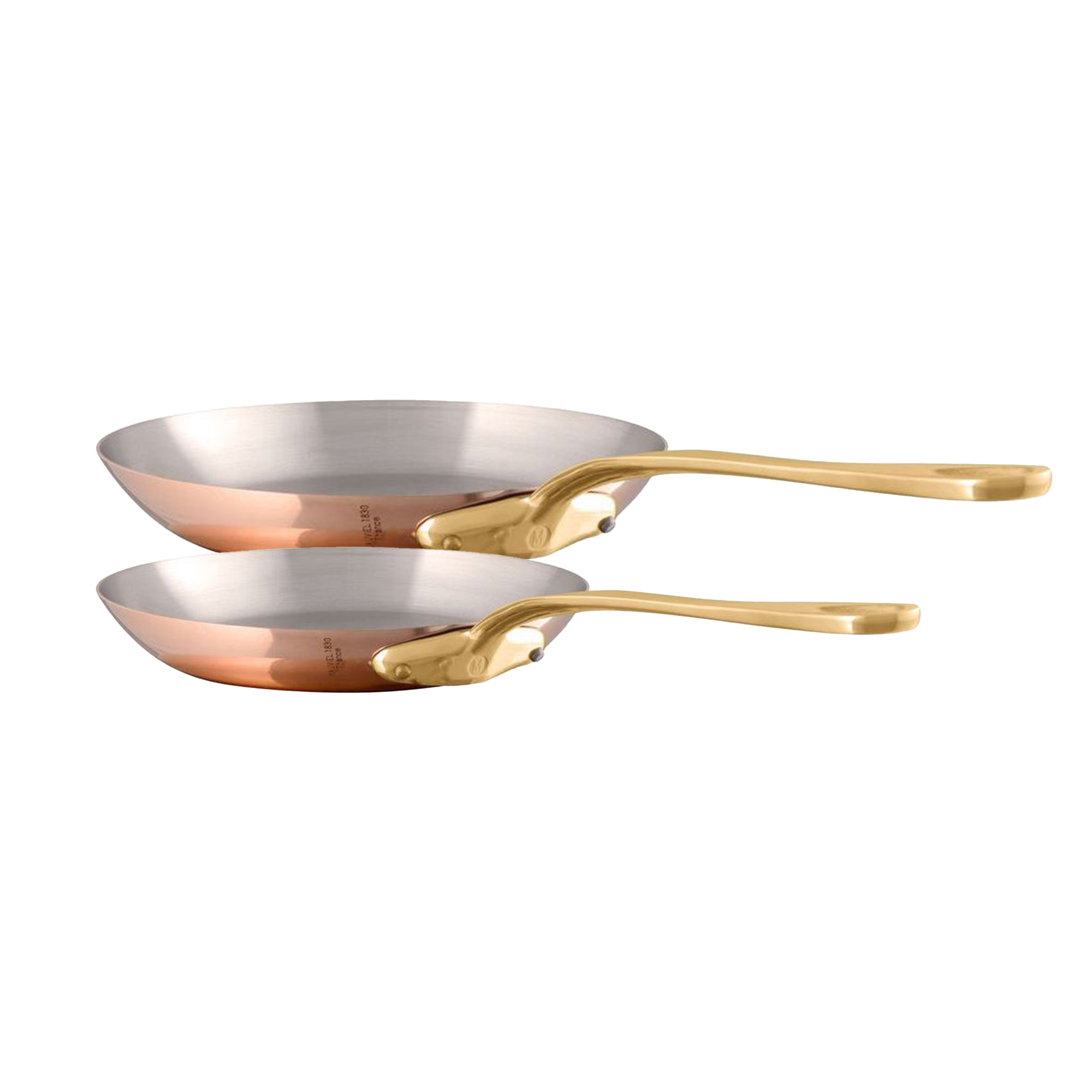 Mauviel M'Heritage M'200 B copper 2-piece frying pan set with brass handles, showcasing polished copper surfaces and sturdy handles.