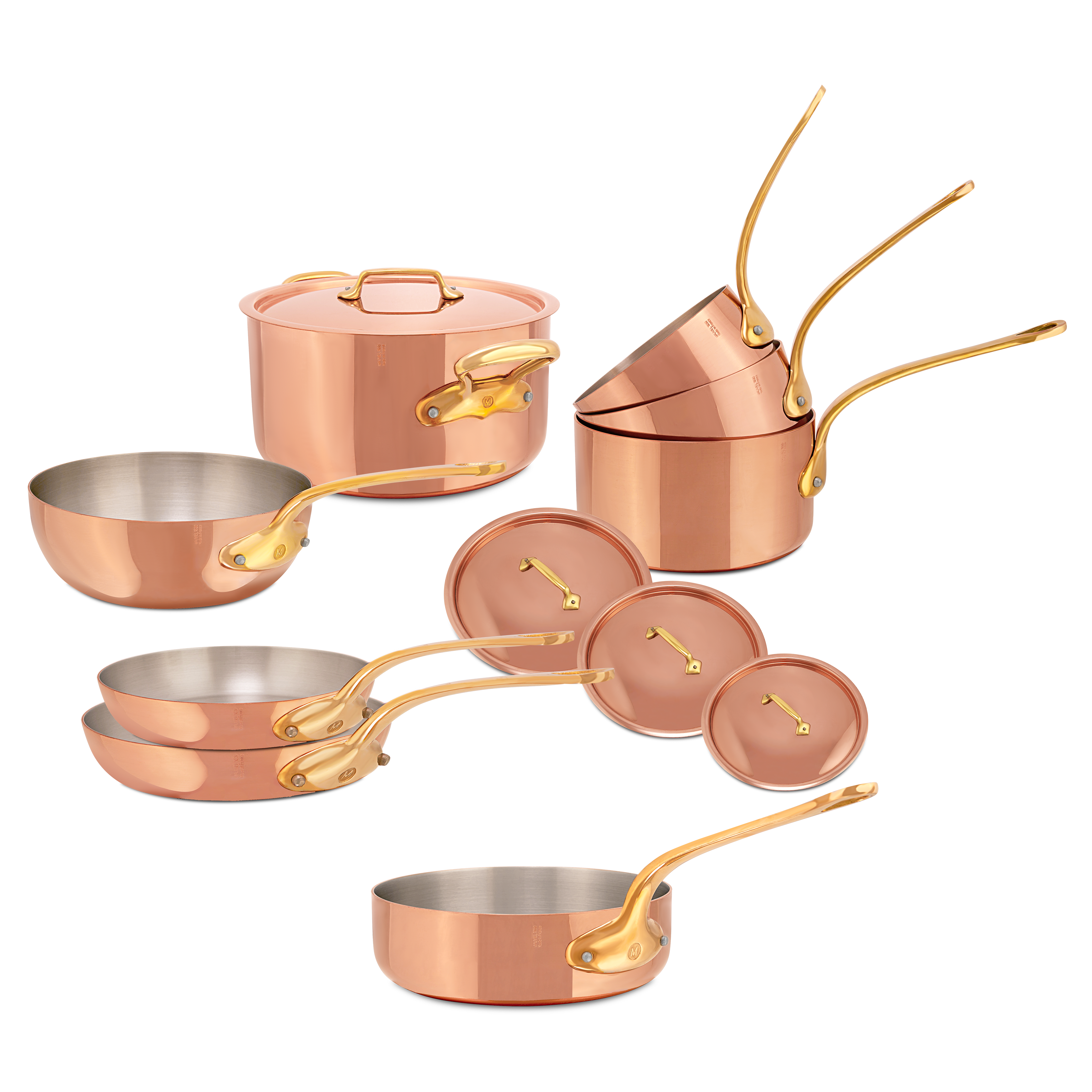 Mauviel M'Heritage M'200 B 12-piece copper cookware set with brass handles, including saucepans, frying pans, and stockpots.