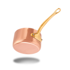 Mauviel M'Heritage M'250 B copper sauce pan with brass handle and lid, showcasing polished copper surface and sturdy handle.