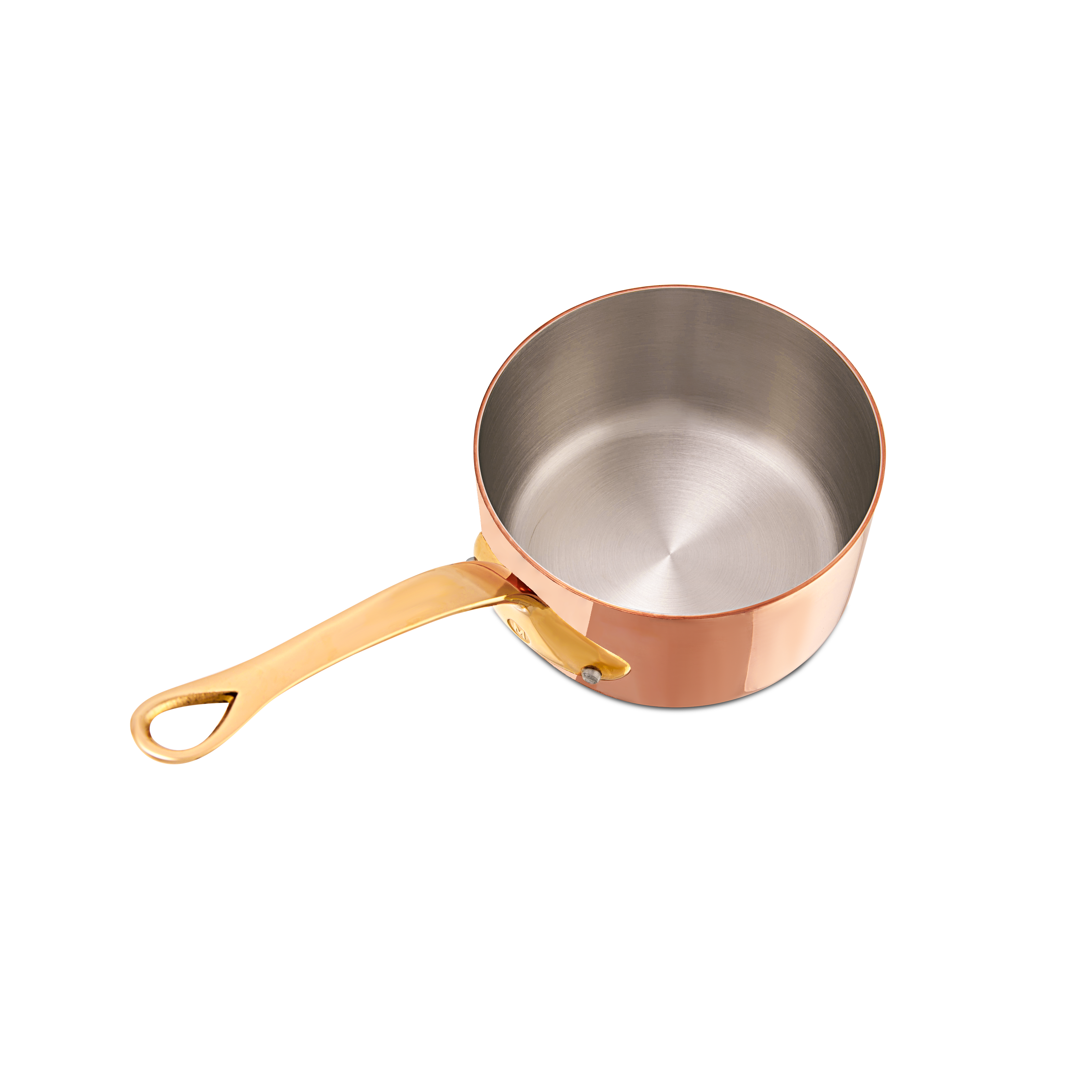 Mauviel M'Heritage M'200 B copper sauce pan with brass handle and lid, showcasing shiny copper exterior and sturdy construction.
