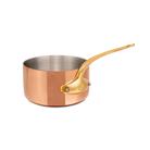 Mauviel M'Heritage M'250 B copper sauce pan with brass handle and lid, showcasing a polished copper exterior and sturdy brass details.