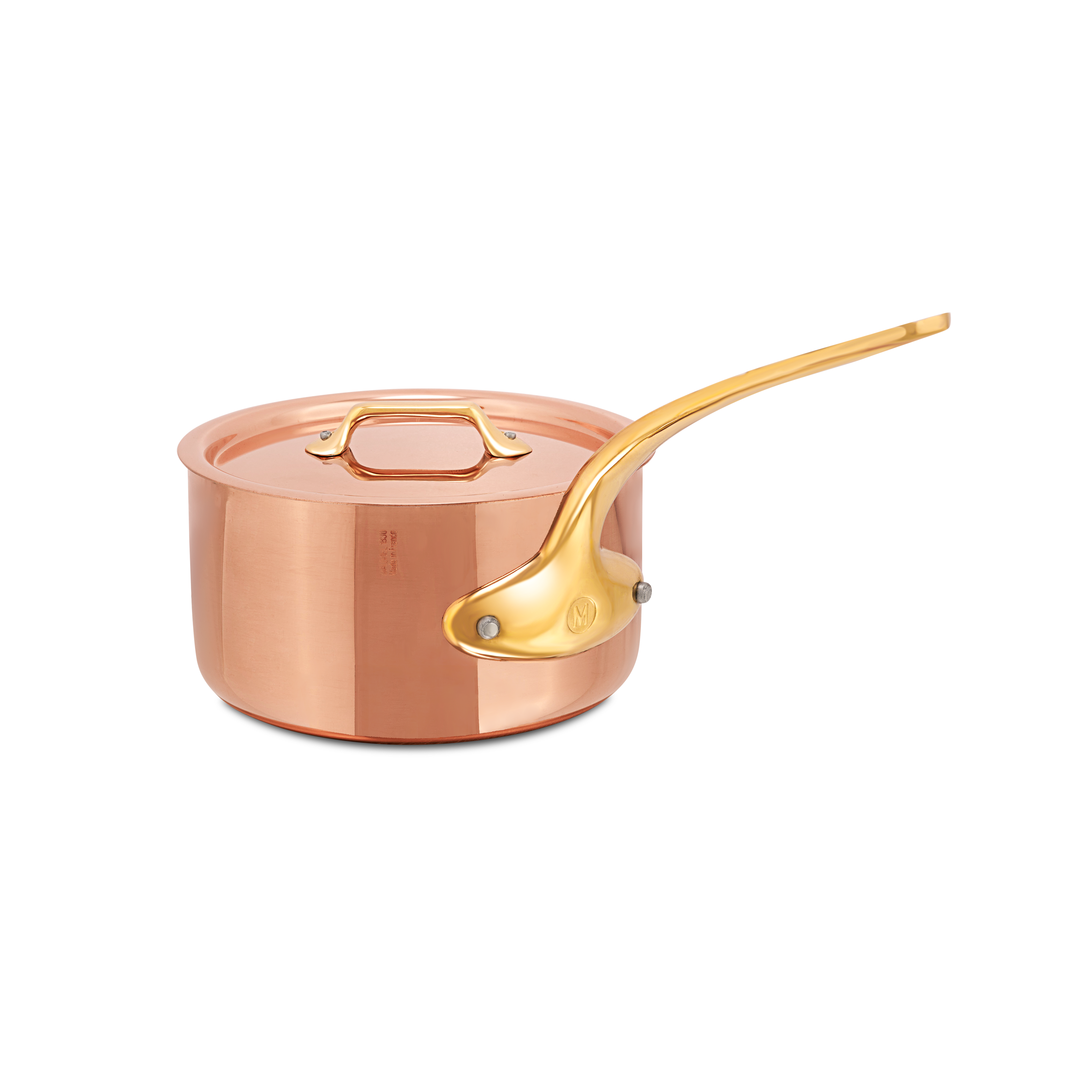 Mauviel M'Heritage M’200 B copper sauce pan with brass handle and lid, showcasing shiny copper surface and sturdy construction.