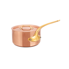 Mauviel M'Heritage M'250 B copper sauce pan with brass handle and lid, showcasing its polished copper exterior and sturdy construction.