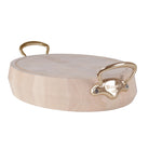 Mauviel Savoir Vivre chopping block with brass handles, wooden cutting board for kitchen prep and serving.