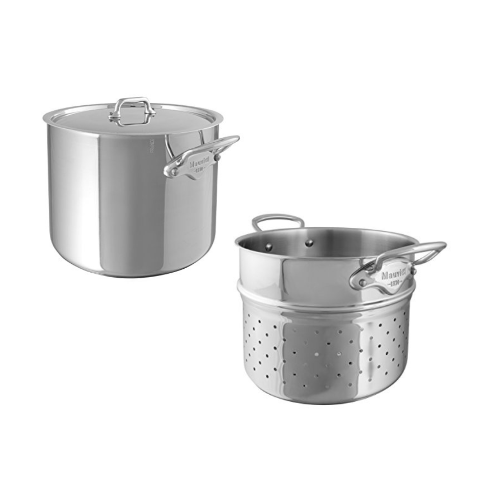 Mauviel stainless steel 3-piece pasta set with a 9.7-quart stock pot and insert, ideal for cooking large pasta batches.