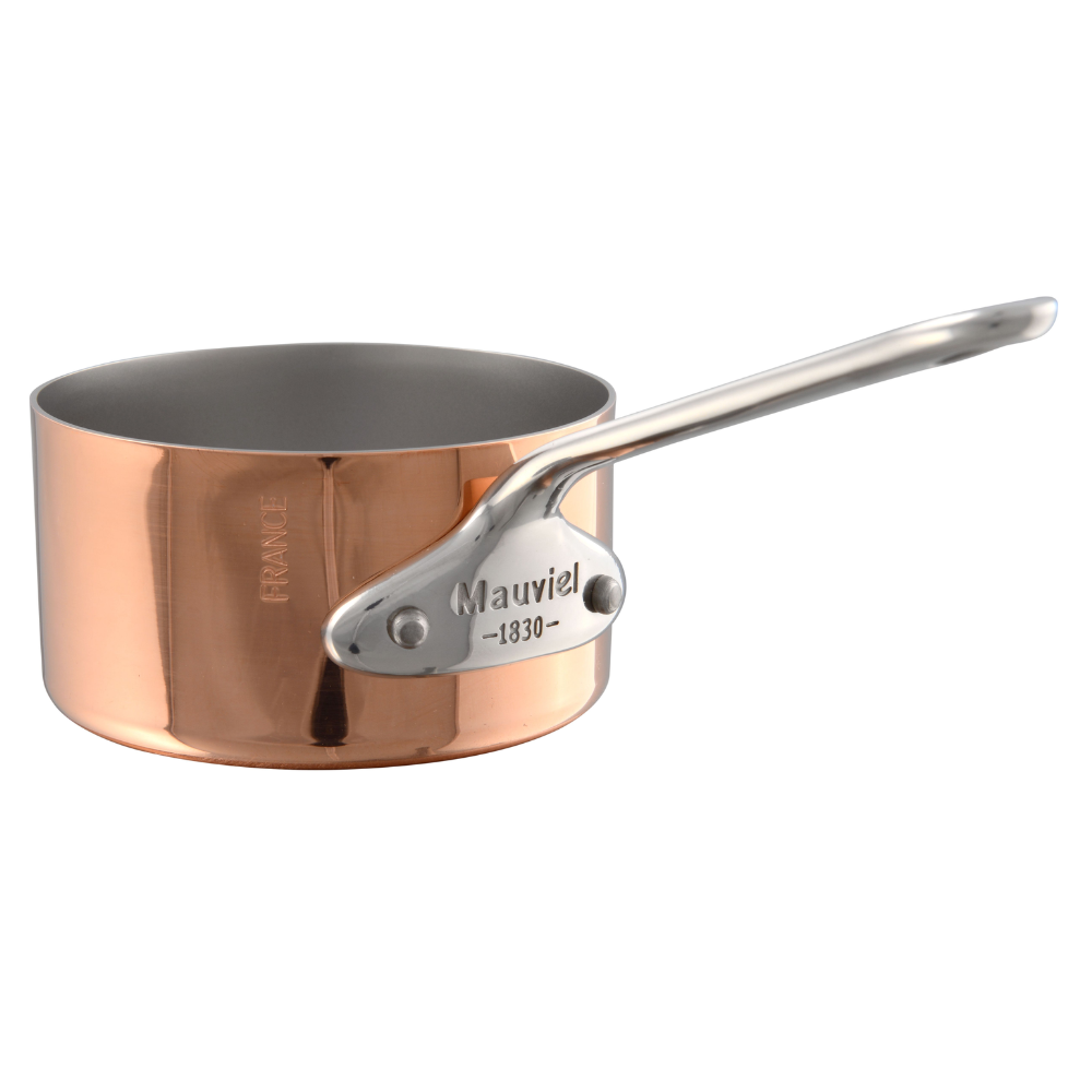 Mauviel M'MINIS copper sauce pan with stainless steel handle, 0.32-quart, ideal for small sauces and precise cooking.