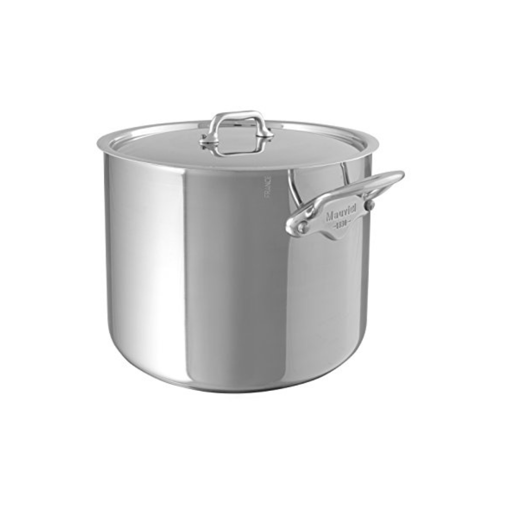 Mauviel stainless steel 3-piece pasta set with 9.7-quart stock pot and steaming insert, ideal for cooking pasta and boiling large quantities.