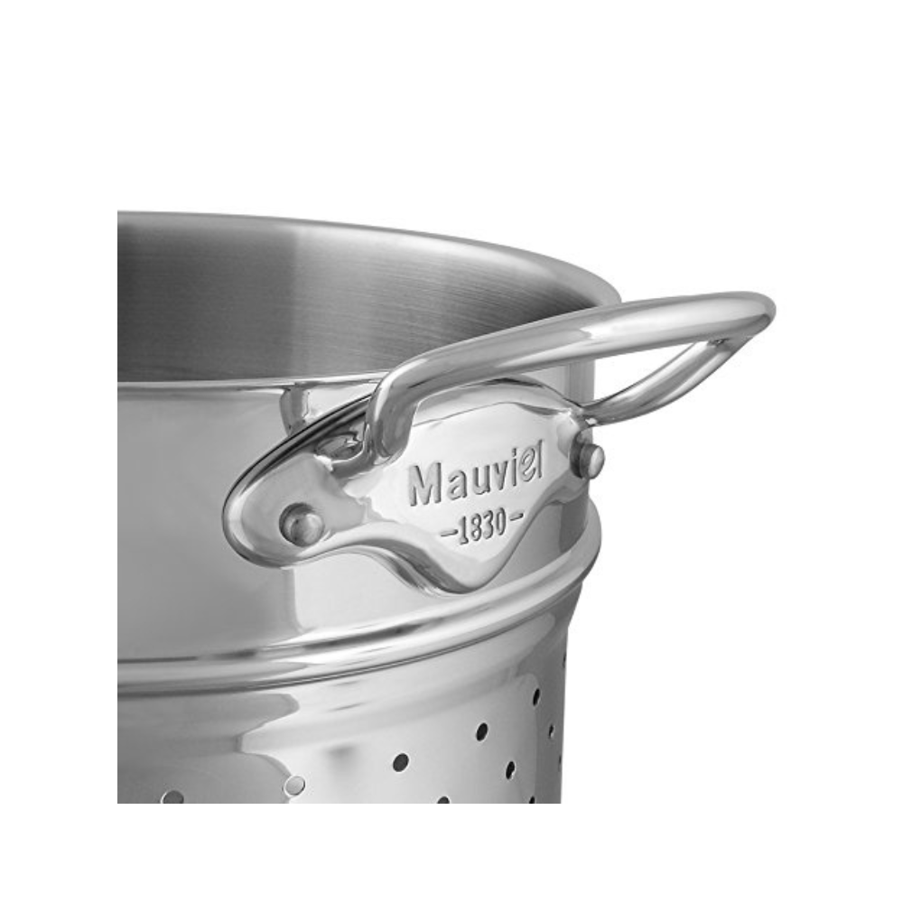 Mauviel stainless steel 3-piece pasta set with 9.7-quart stock pot and insert, ideal for cooking pasta and large meals.