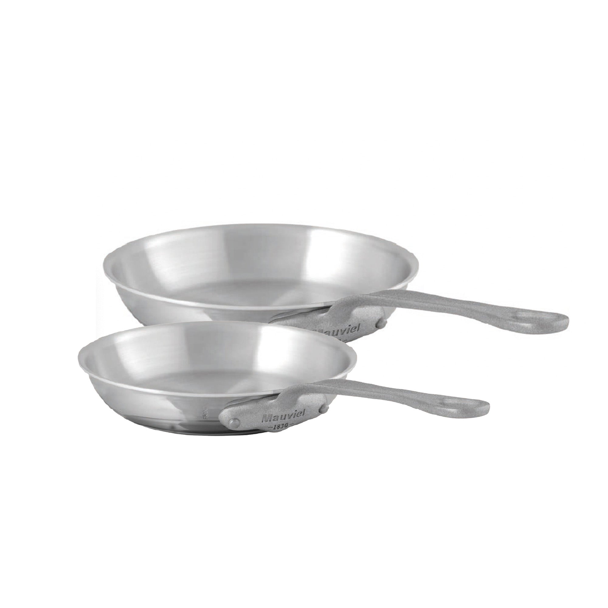 Mauviel M'Cook SB 5-ply stainless steel frying pan set with brushed cast stainless steel handles, showcasing two frying pans.