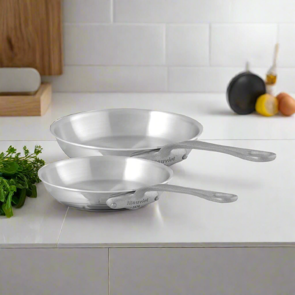 Mauviel M'Cook SB 5-Ply stainless steel frying pan set with brushed cast stainless steel handles, two-piece cookware.