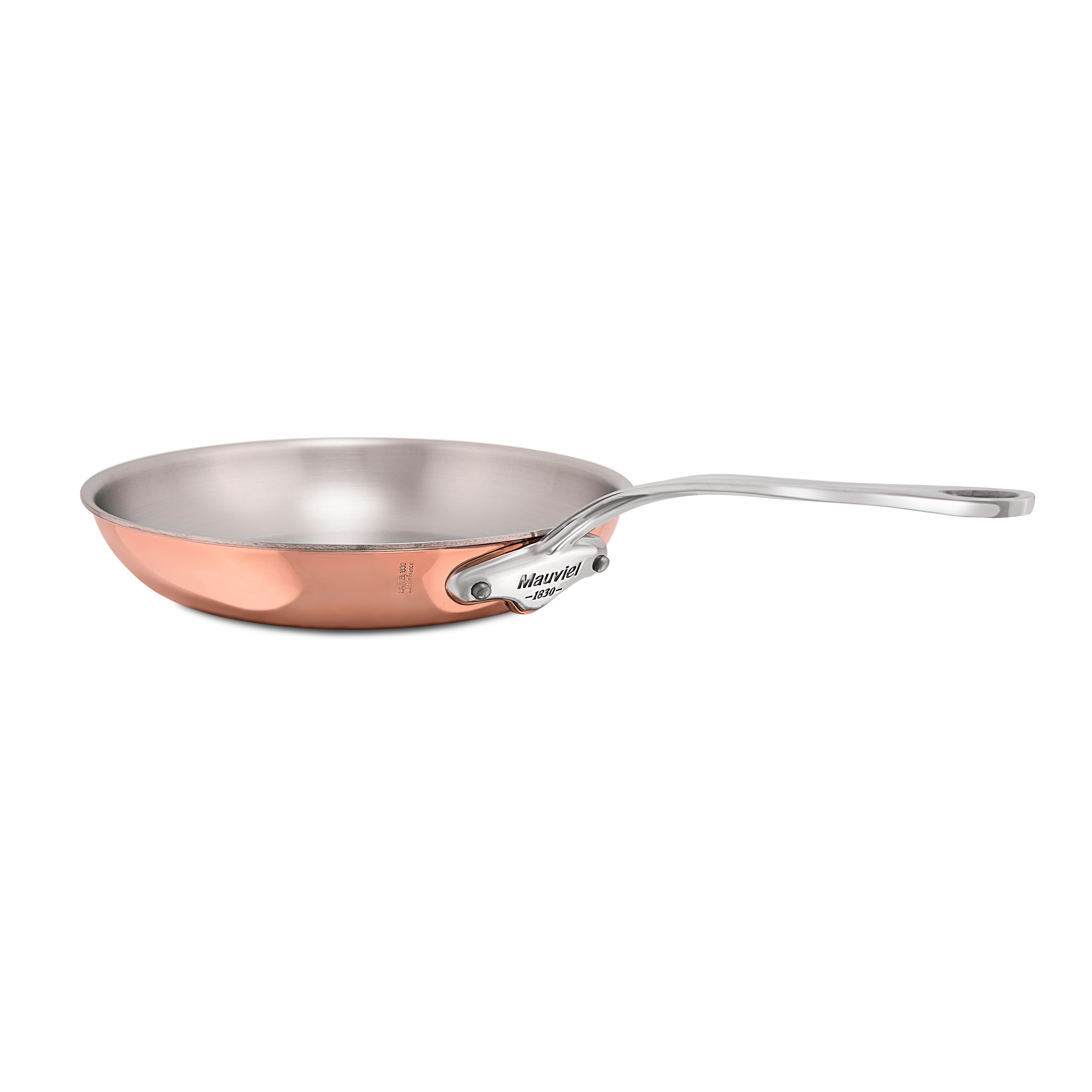 Mauviel M'6 S copper frying pan with cast stainless steel handle, ideal for induction cooking, shown from top view.