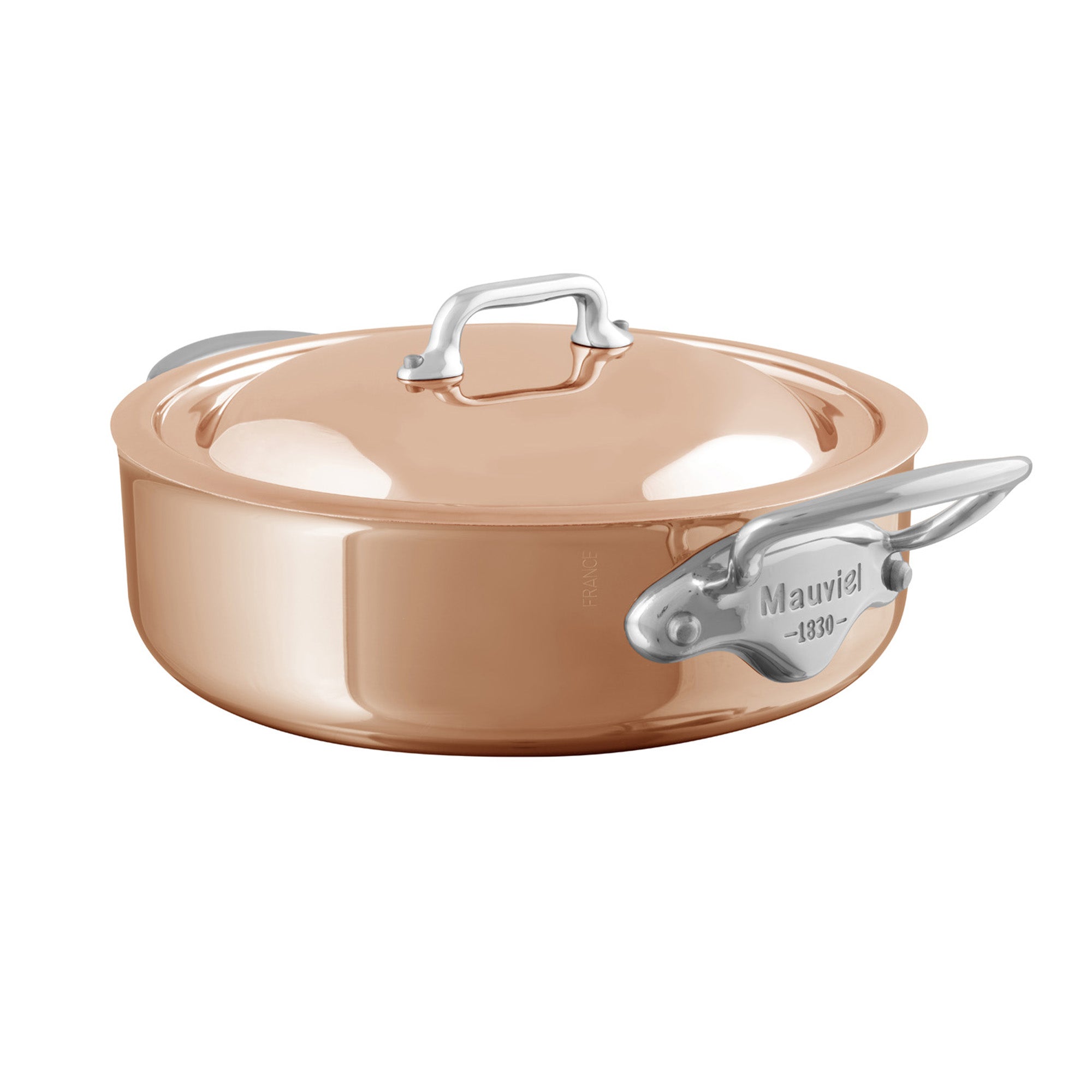 Mauviel M'6 S induction copper rondeau with lid, stainless steel handles, 3.4-quart cookware for versatile cooking.